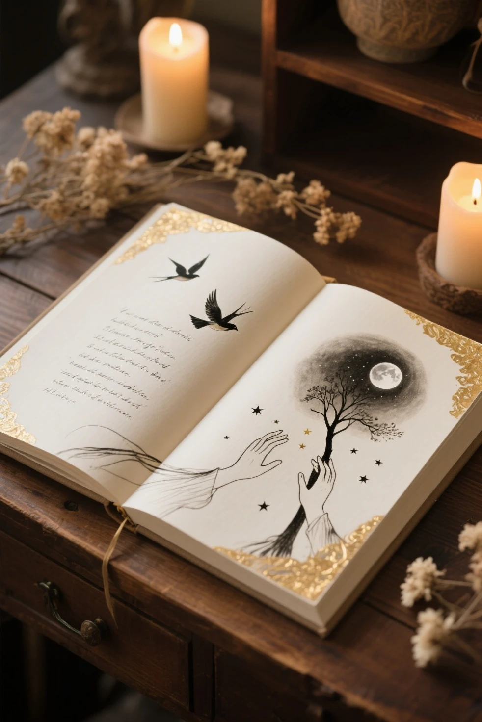 A beautifully designed poetry collection open on a wooden desk, surrounded by soft candlelight and dried flowers. The pages feature elegant calligraphy and flowing ink illustrations that visually interpret the verses — birds in flight, a lone tree under the moon, or hands reaching into stars. The layout is artistic, with asymmetrical spacing and golden embellishments. The atmosphere is peaceful, emotional, and poetic — evoking the soul of the poems. Warm lighting, vintage textures, detailed book design, paper grain visible, high-resolution photography style.
