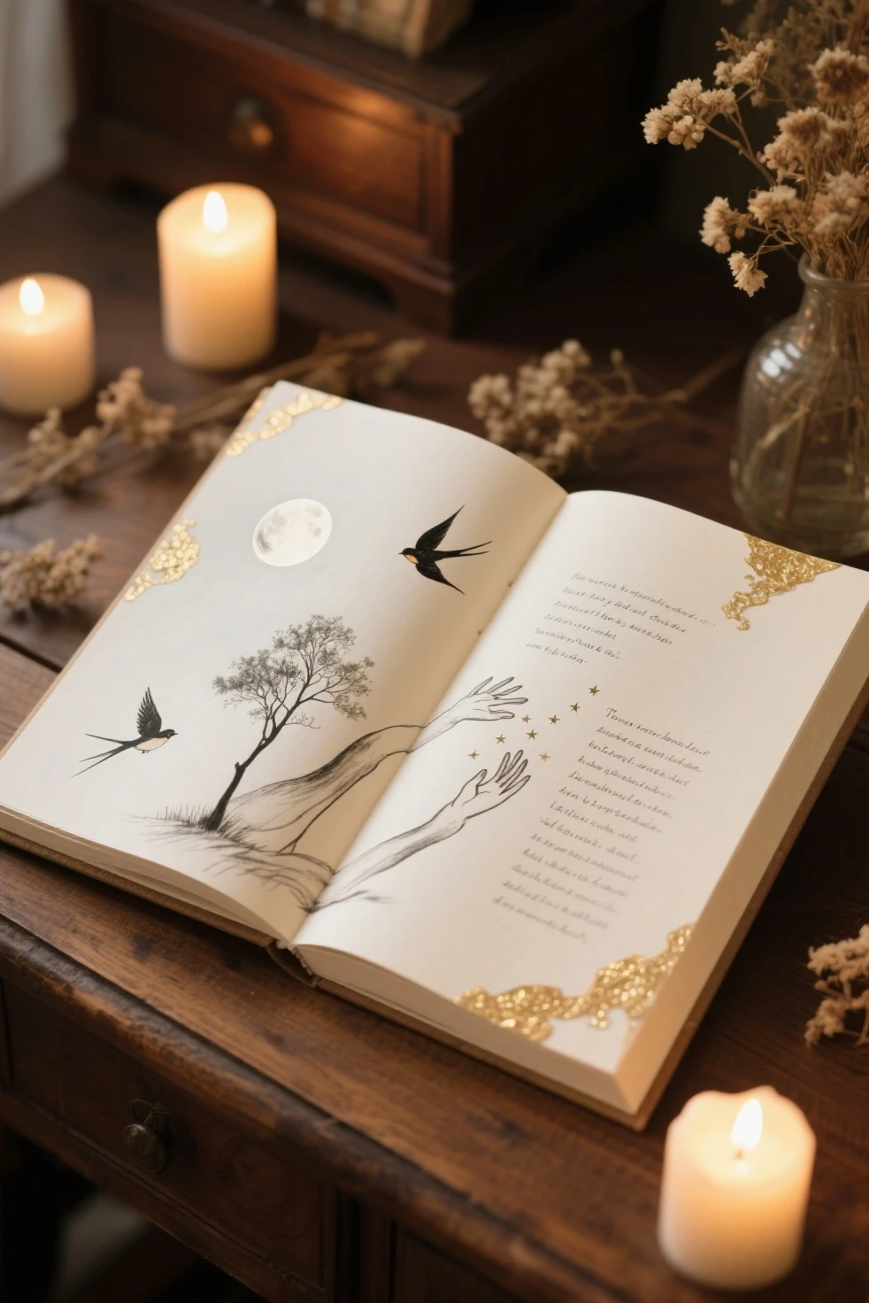 A beautifully designed poetry collection open on a wooden desk, surrounded by soft candlelight and dried flowers. The pages feature elegant calligraphy and flowing ink illustrations that visually interpret the verses — birds in flight, a lone tree under the moon, or hands reaching into stars. The layout is artistic, with asymmetrical spacing and golden embellishments. The atmosphere is peaceful, emotional, and poetic — evoking the soul of the poems. Warm lighting, vintage textures, detailed book design, paper grain visible, high-resolution photography style.
