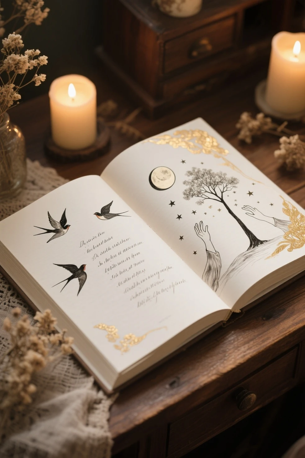 A beautifully designed poetry collection open on a wooden desk, surrounded by soft candlelight and dried flowers. The pages feature elegant calligraphy and flowing ink illustrations that visually interpret the verses — birds in flight, a lone tree under the moon, or hands reaching into stars. The layout is artistic, with asymmetrical spacing and golden embellishments. The atmosphere is peaceful, emotional, and poetic — evoking the soul of the poems. Warm lighting, vintage textures, detailed book design, paper grain visible, high-resolution photography style.
