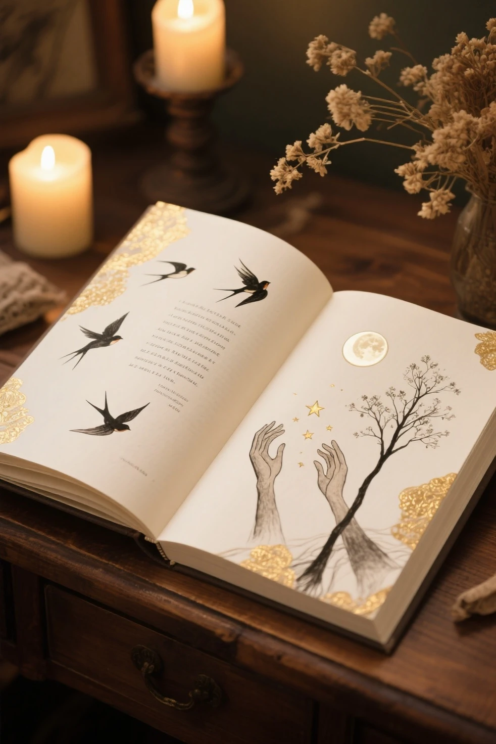 A beautifully designed poetry collection open on a wooden desk, surrounded by soft candlelight and dried flowers. The pages feature elegant calligraphy and flowing ink illustrations that visually interpret the verses — birds in flight, a lone tree under the moon, or hands reaching into stars. The layout is artistic, with asymmetrical spacing and golden embellishments. The atmosphere is peaceful, emotional, and poetic — evoking the soul of the poems. Warm lighting, vintage textures, detailed book design, paper grain visible, high-resolution photography style.
