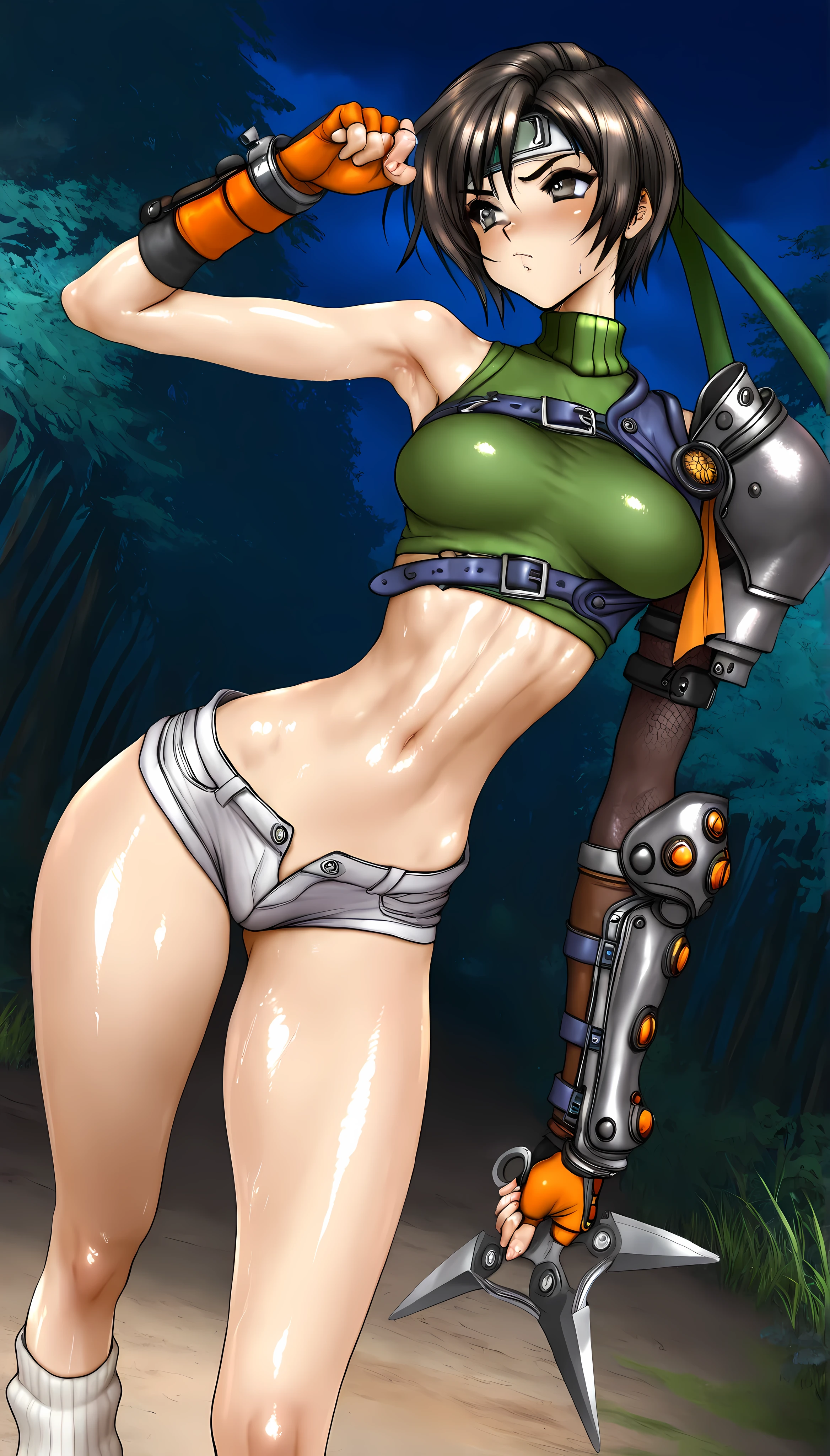 (masterpiece,best quality:1.2,amazing quality,very aesthetic,absurdres,newest), Shirow Masamune style, Yuffie Kisaragi,final fantasy 7,1woman,fighting Monsters,(very small head:1.2),(ideal ratio body proportions:1.2),(slender body:1.2,skinny:1.2),medium breasts,oily skin,brown short hair,a headband,sweat,a green turtleneck,sleeveless,gauntlet,midriff,microshorts,(holding a big shuriken), a loose socks,a orange sneaker, shiny skin,Forest,night,dynamic angle,