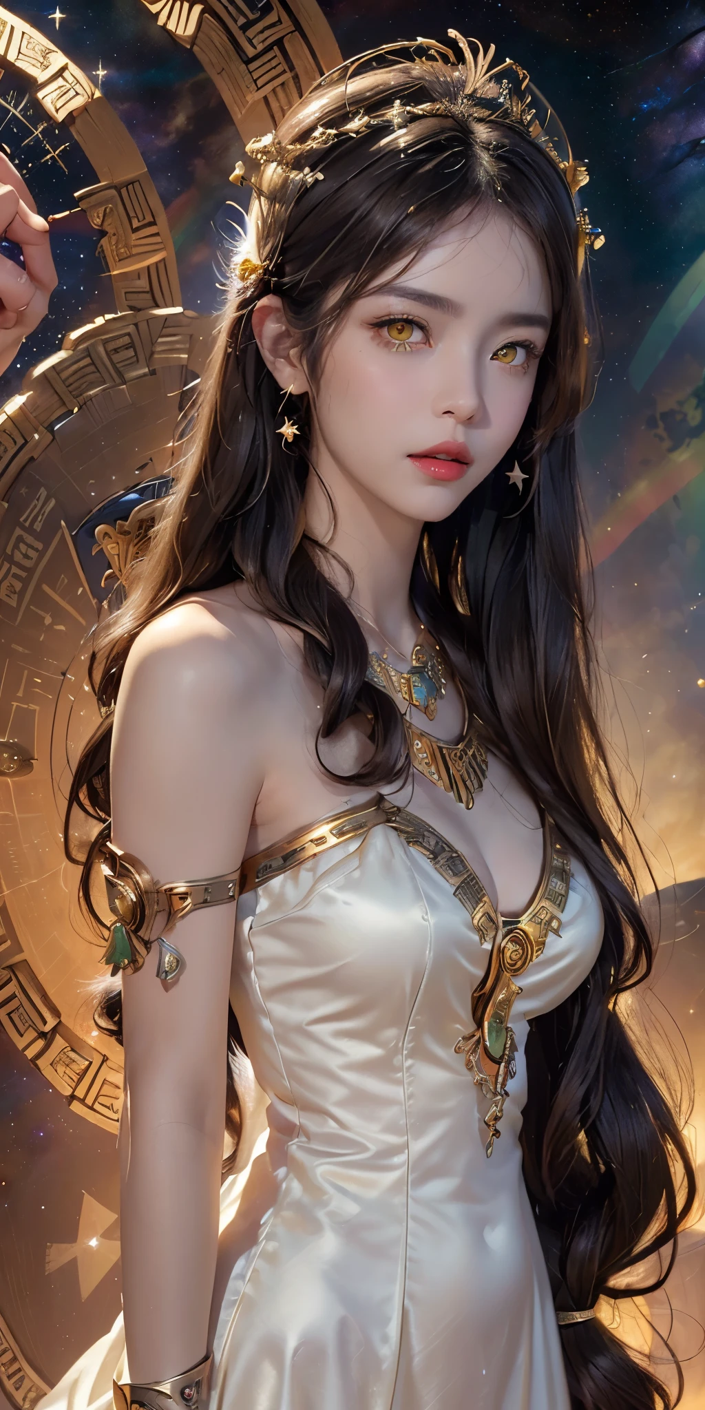 1 27-year-old girl, 1 zodiac goddess from the future, goddess of the pink and purple 12 zodiacs, the goddess of the zodiac in a yellow ao dai, a 12 zodiac ao dai with many black lace detail, mythology Goddess of the 12 zodiacs from the future, zodiac ♏, luxurious glittering zodiac style, dark and mysterious version, zodiac crown, lipstick lips red, thin and beautiful lips, don't smile, keep your mouth shut, characters made by karol bak and pino daeni, intricate detail, detailed background, extremely detailed, light magic, a woman, clear face, look at the face of goddess zodiac look at the zodiac goddess face, moderately large breasts, round breasts, Big and round breasts, hair long with bangs, beautiful face in detail and well-proportioned eyes, (transparent yellow eyes: 1.8), big round eyes and very beautiful and detailed makeup, foresight, silk dress, mysterious makeup, Bangles, double bangs and dyed light blonde, upper body, (zodiac goddess upper body: 1.9), arms hanging loosely, Realistic and vivid photo, (stars make up the zodiac: 1.7), (sky background zodiac and fictitious space and time portal: 1.8), fiction art, RAW photo, hanfu picture, best photo, high_res, best quality, best photo quality, 8k quality, 8k ultra, super realistic, real photo most economical, artistic portrait of goddess zodiac, 1 symbol of 12 zodiac signs on the back, single portrait of 1 zodiac goddess, The most realistic color scheme, the best photo color, masterpiece, hair ornament, necklace, jewelry, Beautiful face, upon body, tyndall effect, photo realistic, dark studio, rim lighting, two tone lighting, (high detailed skin:1.2), 8k uhd, dslr, soft lighting, high quality, volumetric lighting, candid, Photograph, high resolution, 4k, 8k quality, Bokeh, Smooth and sharp, increase the pixel by 10x, Charming zodiac goddess, sexy zodiac goddess, (background space:1.8), (galaxy: 1.7), aurora, lightning, (Auroral Background: 1.8),(Virgo zodiac sign: 1.8), <lora:locon_perfecteyes_v1_from_v1_