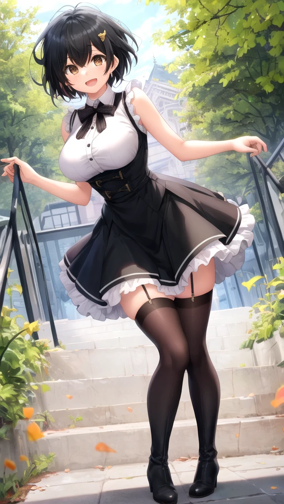 solo cute girl standing ,very long legs, short torso, black thighhighs, open legs, tiptoe, high-waist skirt, frilled white off-shoulder shirts with shoulder straps, huge breasts, cleavage, thin waist, (nose blush, smile for viewer:1.2), BREAK, (masterpiece, best quality, ultra-detailed:1.3)