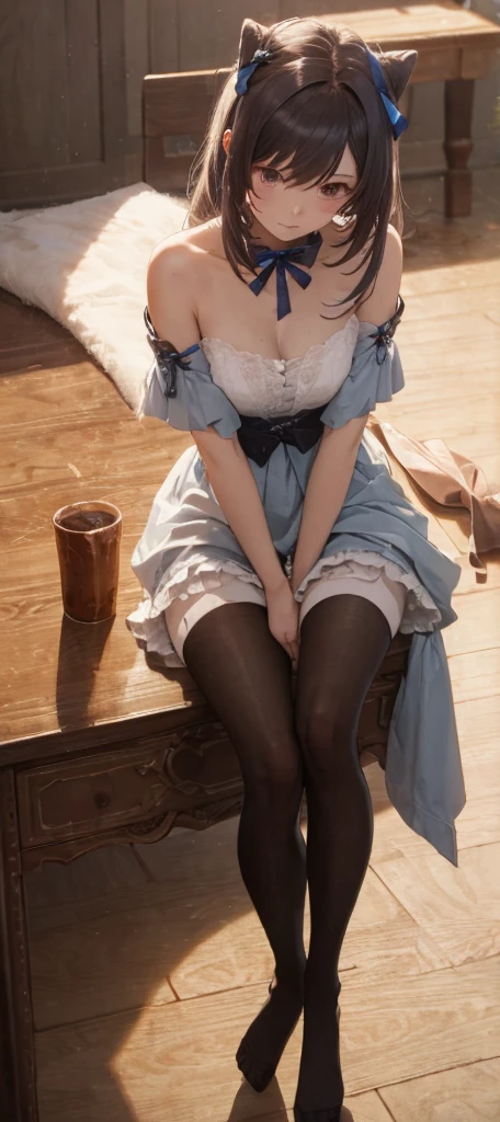 女の子1人, (Full body), Unknown , detailed  clothes, (delicate illustration:1.4),(masutepiece:1.0), (Best Quality:1.4), (超A high resolution:1.2), (Photorealistic:1.4), (8K, Raw photo:1.2), (Soft Focus:1.4), (18year old:1.3), (Sharp Focus:1.4), (Renaissance art:1.4), Detailed beautiful face, (Blouse with white collar, Silk White Socks, Dark blue skirt, Black pumps), Sitting on a chair