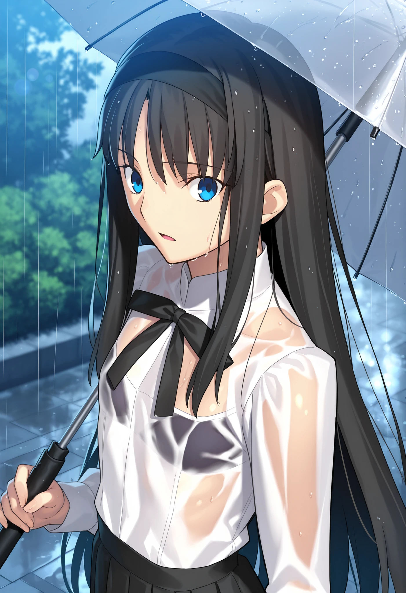 masterpiece, , absurdres, highres, detailed background, high resolution, masterpiece, necessary, detail, best quality, quality, necessary, details, High details, Precise, dark, outdoors, dappled sunlight, day, lens flare, blurry background, from above, upper body, from back,
1girl, , Takeuchi Takashi (type-moon,tsukihime) style, takeuchi takashi style, rain, wet body,
tall girl, mature, Akiha_Tohno, (tsukihime), black hair, bangs, long hair, blue eyes, upturned eyes, long sidelock, black headband, straight hair, tsurime, take a umbrella, , surprised, wide-eyed,
(white shirt, black long skirt), see-through, undress black ribbon, small breast, flat chest, , looking at viewer, ,,
