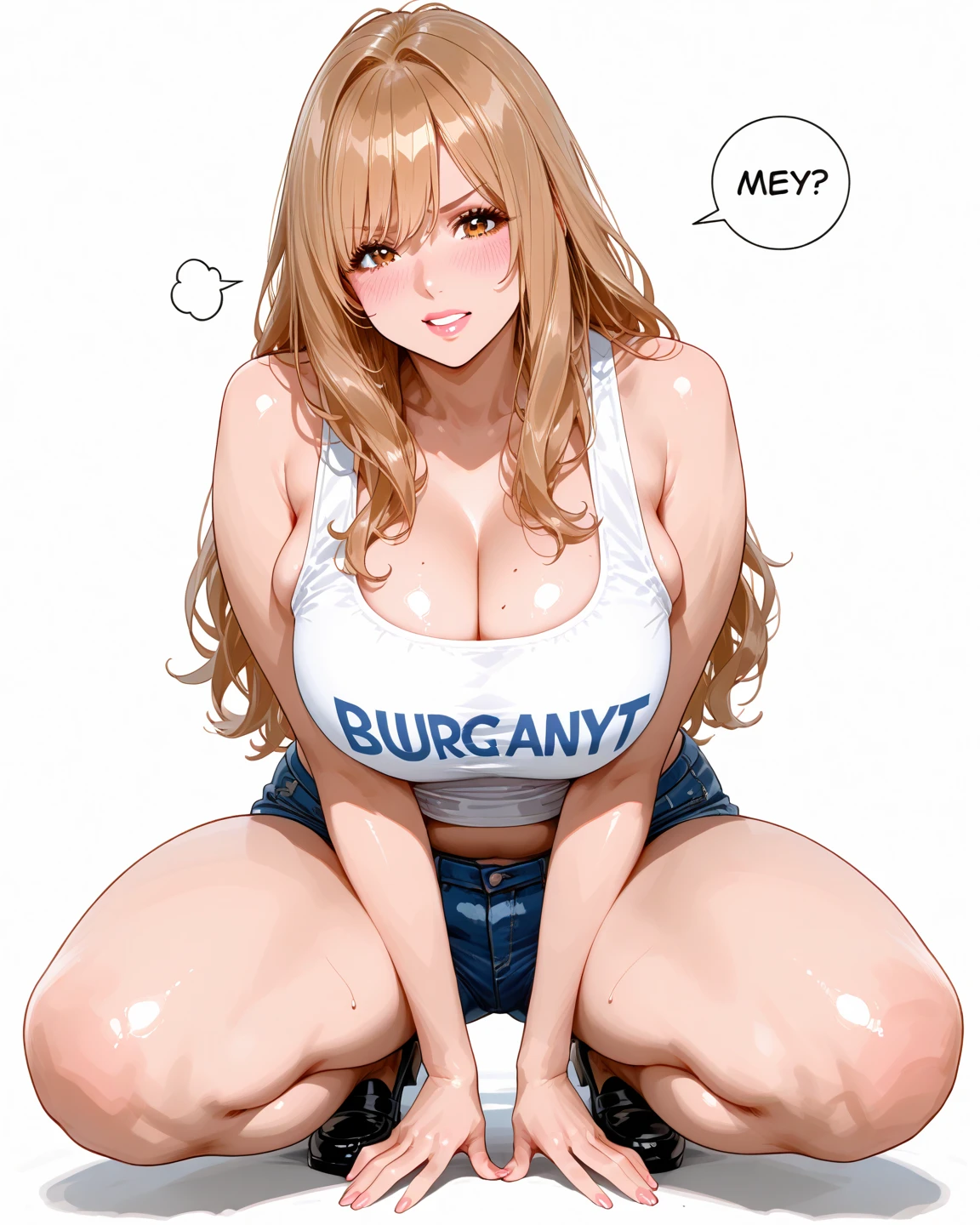 1girl, solo, long hair,large breasts, looking at viewer, smile, blonde hair, large breasts, shirt, cleavage, swimsuit, upper body, ponytail, open clothes, huge breasts, lips, one-piece swimsuit, open shirt, school swimsuit, undressing, blue shirt, blue one-piece swimsuit, competition school swimsuit, covered erect nipples 