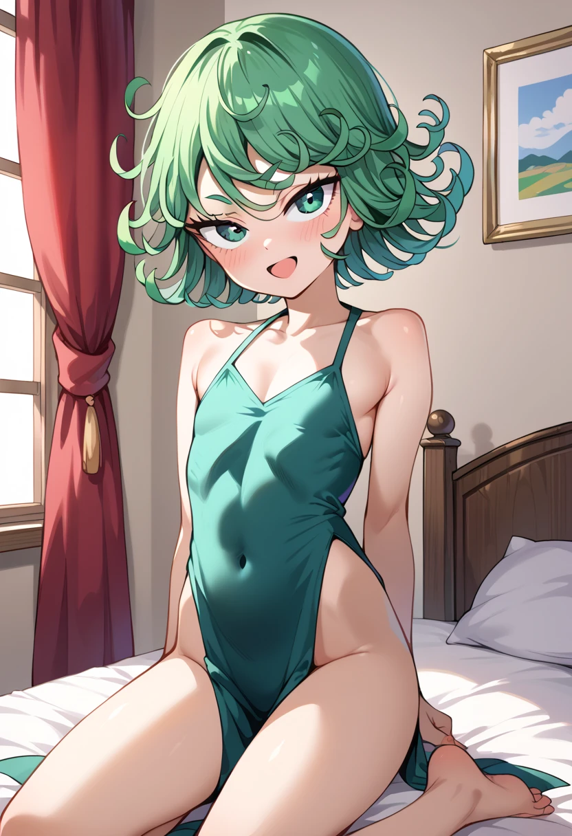 Tatsumaki in a bed on all fours with her back to the camera in a white bikini and Fubuki in a black bikini on all fours