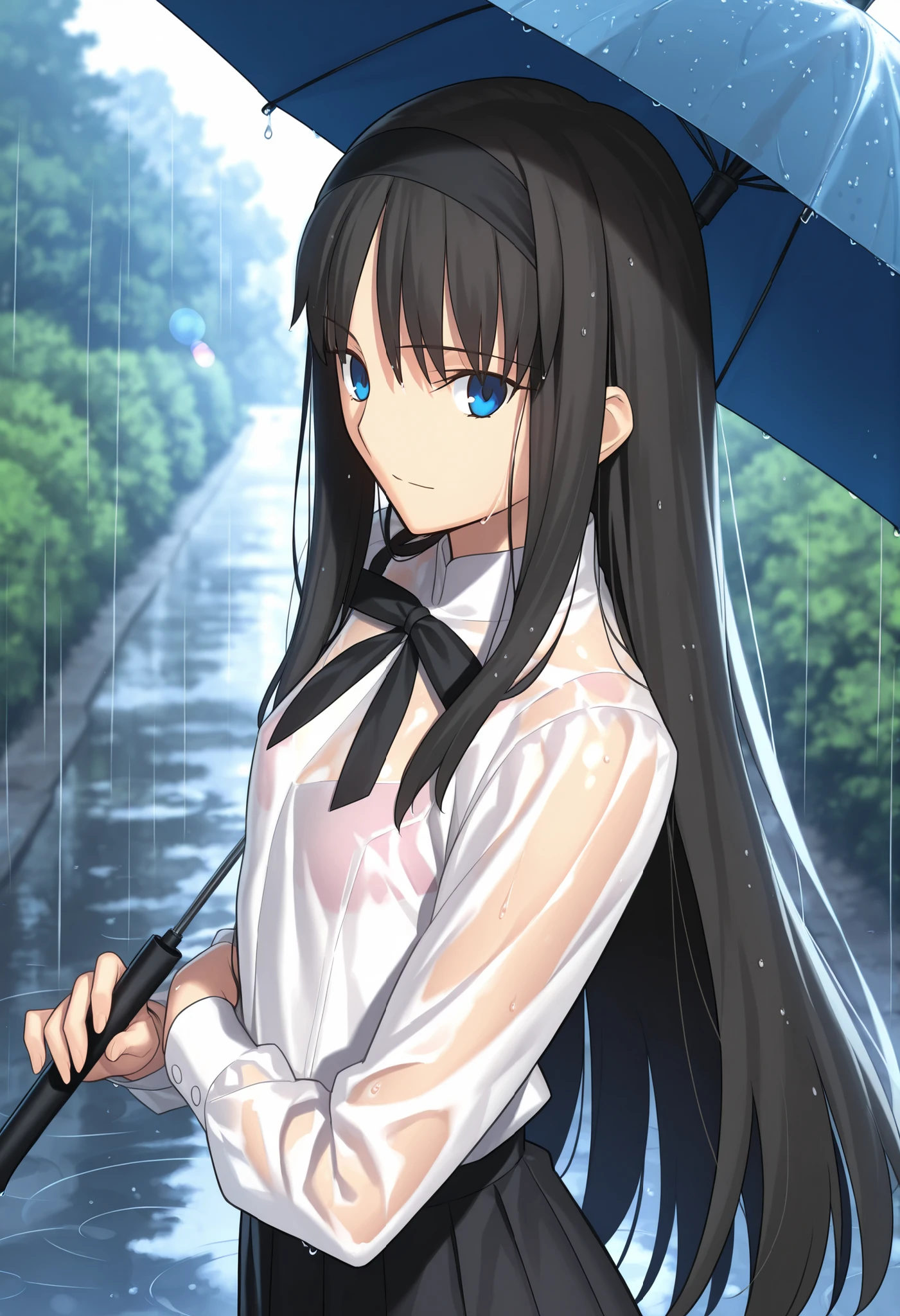 masterpiece, , absurdres, highres, detailed background, high resolution, masterpiece, necessary, detail, best quality, quality, necessary, details, High details, Precise, dark, outdoors, dappled sunlight, day, lens flare, blurry background, from above, upper body, from side,
1girl, , Takeuchi Takashi (type-moon,tsukihime) style, takeuchi takashi style, rain, wet body, (arm under breasts), (facing away),
tall girl, mature, Akiha_Tohno, (tsukihime), black hair, bangs, long hair, blue eyes, long sidelock, black headband, straight hair, tsurime, take a umbrella, ,
(white shirt, black long skirt), see-through, undress black ribbon, small breast, flat chest, , looking at viewer, ,,