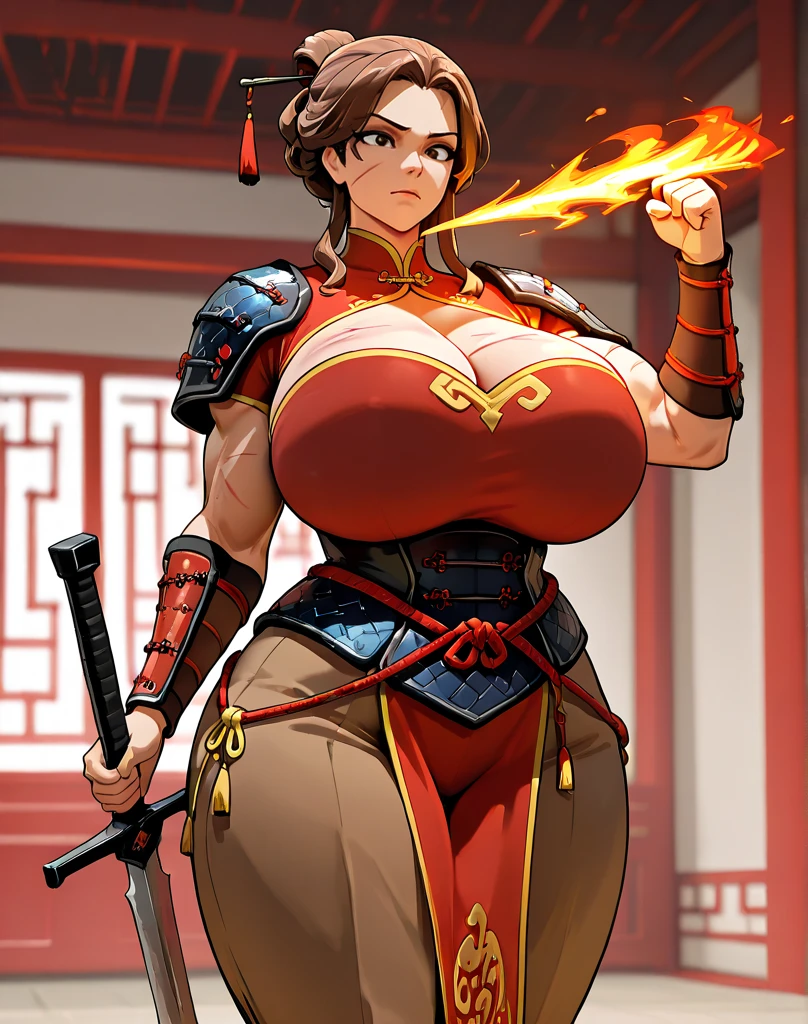 (masterpiece), best quality, ultra high res, 4k, perfect eyes, perfect face, (sharp focus), (Azula ) Beautiful woman walking outdoors in a temple, firebending, smirking (huge breasts:1.3) and (large breasts:1.3)brown perfecteyes