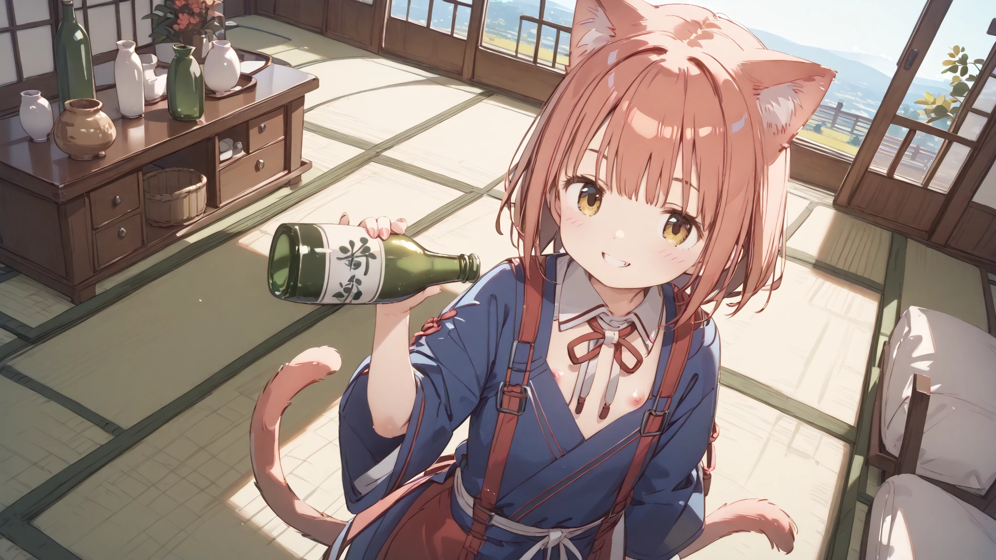 high image quality、High Quality、8k、4k、Young girl、Juvenile body、 immature body、 lori、 lori体形、Nipples are visible、I can see my crotch、pretty nipples、Beautiful crotch、object、着崩れたobject、Half naked、Japanese、Japanese-style room、on tatami mat、Cat ears、 cat tail、drink、sake bottle、Hospitality、 Smile、Angle looking down from above、look up