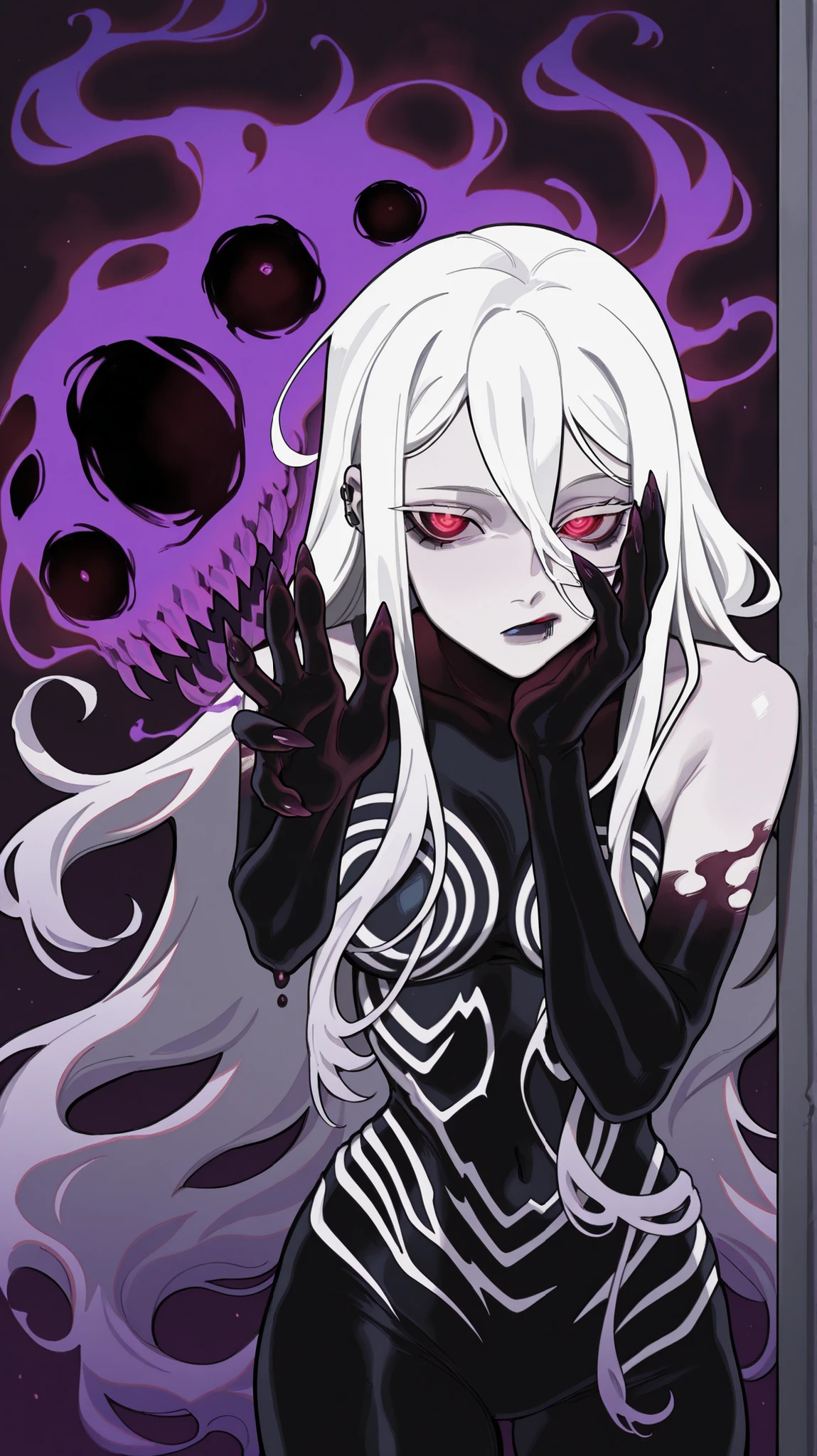 solo,1 girl,detailes,detailed,hight quality,She stands in the abyss, a nightmare given form. Her violet dragon eyes burn with an eerie, otherworldly glow, piercing through the darkness like twin amethysts drenched in hellfire. Her white hair, long and spectral, slithers around her like ghostly tendrils, moving as if whispering secrets to the void. Her pale skin is stretched too tightly over sharp bones, her lips curled in a cruel, knowing smile. Shadows cling to her like hungry phantoms, writhing in her wake. When she speaks, her voice drips with venom, a lullaby of doom that chills the soul and invites oblivion