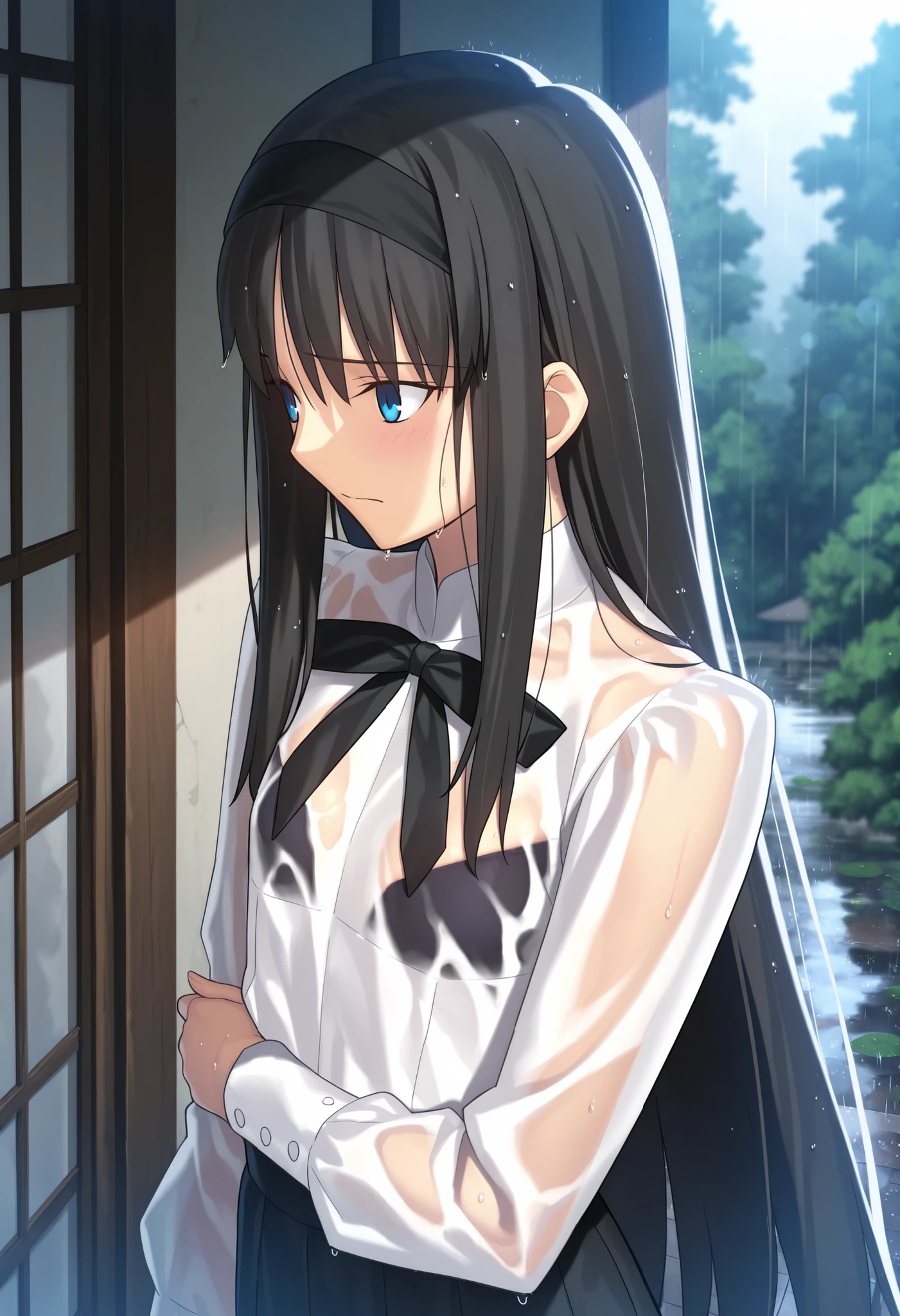 masterpiece, , absurdres, highres, detailed background, high resolution, masterpiece, necessary, detail, best quality, quality, necessary, details, High details, Precise, dark, outdoors, dappled sunlight, day, lens flare, blurry background, from above, upper body, from side,
1girl, , Takeuchi Takashi (type-moon,tsukihime) style, takeuchi takashi style, rain, wet body, (arm under breasts), (facing away),
tall girl, mature, Akiha_Tohno, (tsukihime), black hair, bangs, long hair, blue eyes, long sidelock, black headband, straight hair, tsurime, ((twisted body)), ,
(white shirt, black long skirt), see-through, undress black ribbon, small breast, flat chest, light embarrassed, looking away, ,,