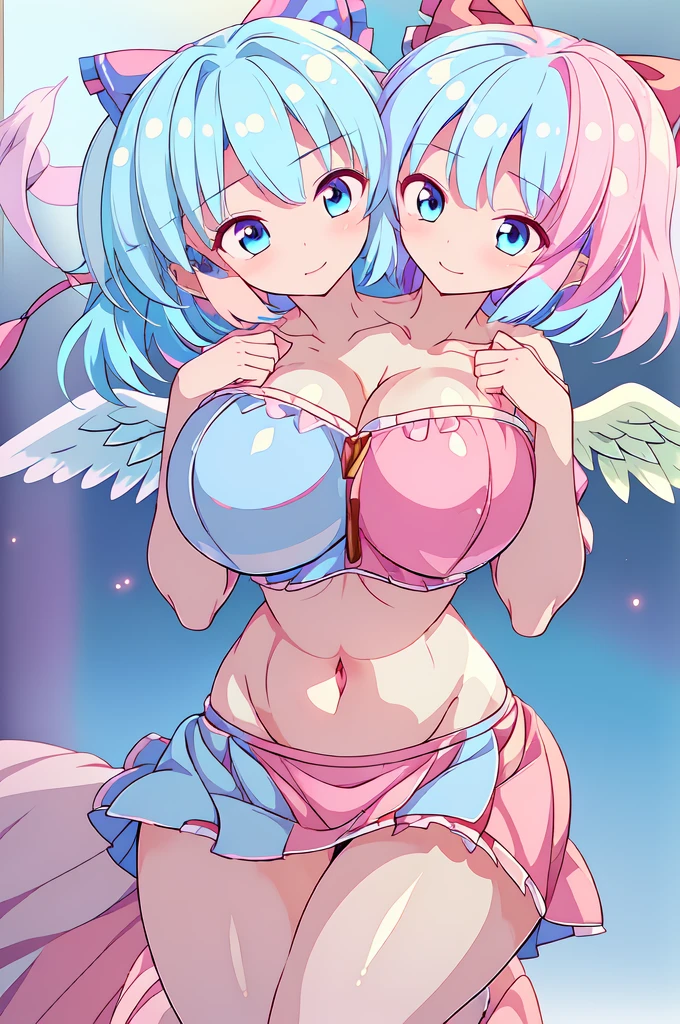 (masterpiece, best quality), best quality, (ultra-detailed), (3heads:1.5), 1girl, (mai:1.3), masterpiece, best quality, ultra quality, ultra resolution, ultra detail, light pink top, crop top, ((stomach)), midriff, ((groin)), light pink skirt, normal ears, shackles, blue hair, very long hair, wavy hair, pigtails, light-blue eyes, parted lips, detailed eyes, sweat, cute, toned belly, hand on own chest, eyelashes, (24 year old woman:1.3), (masterpiece:1.5), (best quality:1.5), (beautiful detailed), extremely detailed CG, extremely delicate and beautiful, depth of field, (finely detailed face), (perfect details:1.2), (mature female:1.3), wide pelvis, slender, large veiny breast, 16k resolution, highres, very high quality, very high definition, extremely detailed, masterpiece, blue hair, long hair, alluring presence, braid, short skirt, close up, big tits, young, light pink bow in her hair, small light pink wings, (girl with three heads),