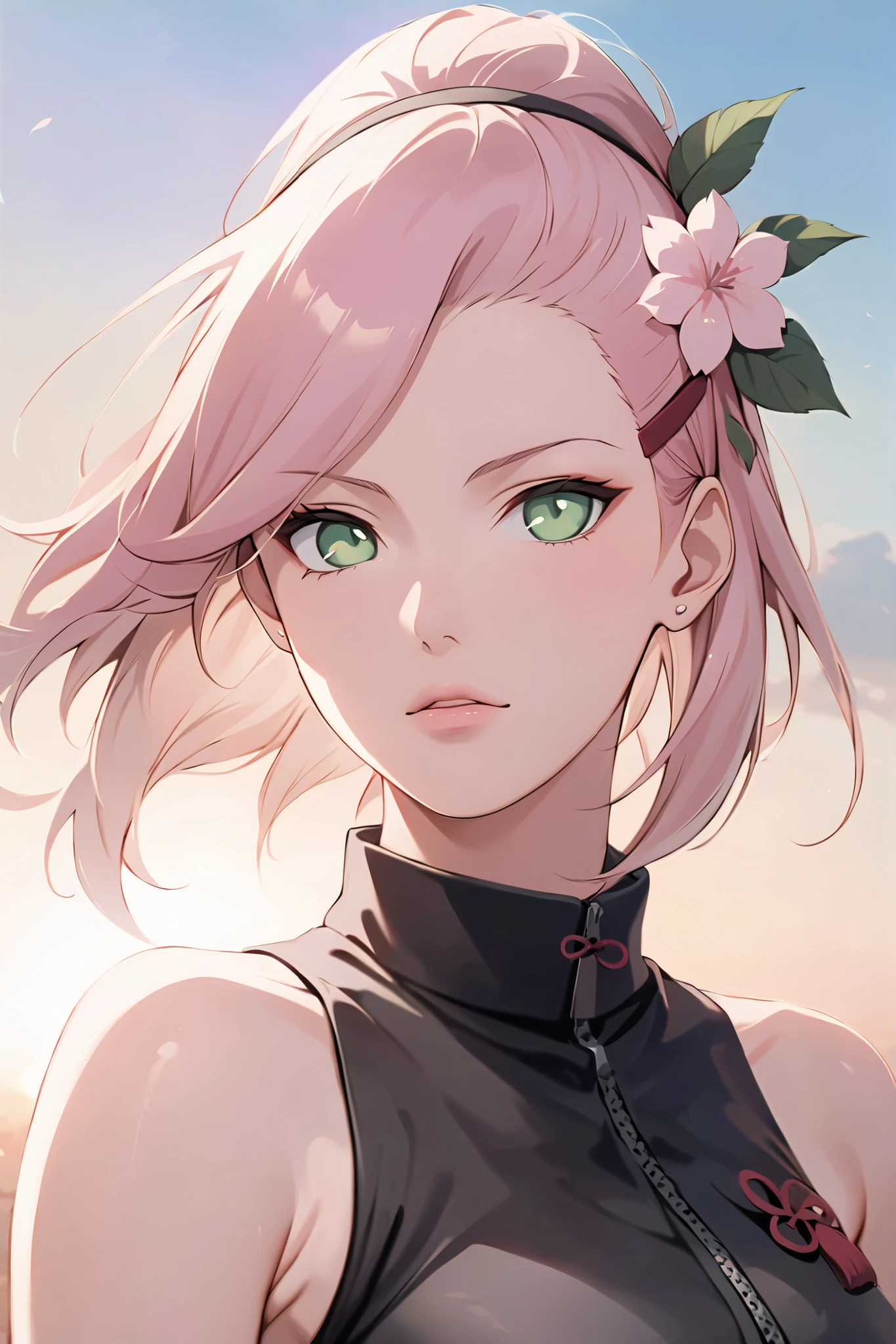 ((masterpiece)), ((RAW 8K)), ((anime-real fusion)), ((extreme photorealism)), ((studio-grade lighting)), ((hyper-detailed skin texture)), ((warm natural tones)), Sakura Haruno from Naruto Shippuden, waist-up portrait, confident and serene expression, vibrant green eyes, smooth fair skin, shoulder-length pink hair with parted bangs and slight volume, gently swept by breeze. Wearing a refined dark red combat tunic with clean, elegant lines, open zip collar, Hidden Leaf headband worn proudly on her forehead. Light scarring on gloves and forearms hint at battle experience, but she stands with grace and control. Subtle chakra aura glowing faintly around her.
Background: Konoha rooftop at golden hour, soft breeze and sunlight casting natural highlights on her hair and cheeks, conveying calm strength.