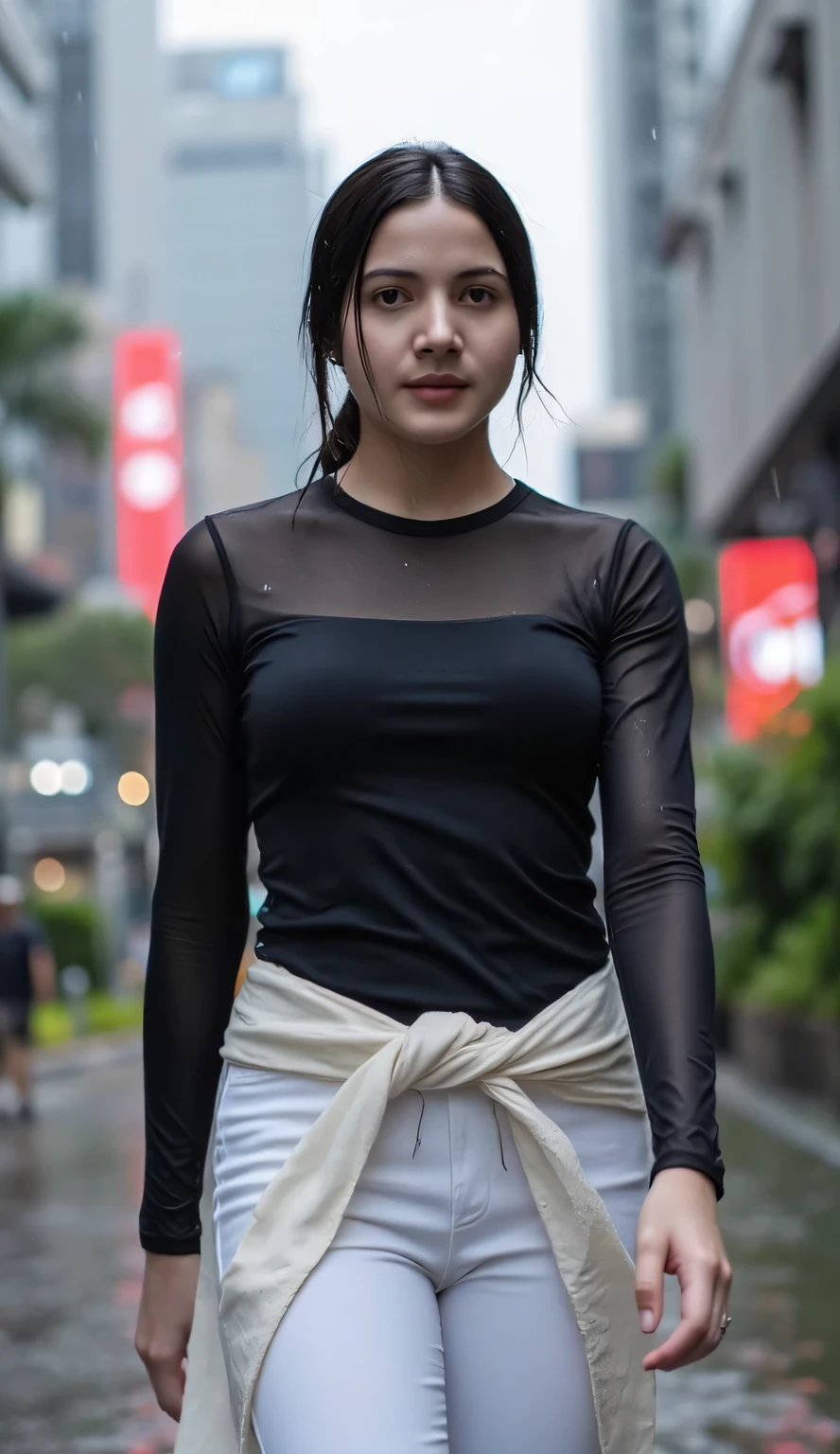 a beautiful woman, standing in the middle of the city in the rain, shirt looks full body, body facing the camera, transparent black long sleeve tight t-shirt, long skirt white leggings, tubuh basah, wet hair ponytail, tubuh sexy, bibir merah, seductive face
