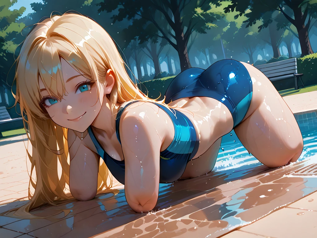 masutepiece, Detailed, Best Quality, Beautiful Girl, very small lace translucent bikini, Shackles, stock, Troubled face, big pool (prison), blonde sexy girl 1girl in, asuna from blue archive character, blonde female, Blunt bangs, Big breasts, Amused expression, Looking at Viewer, big butt, mature body, very big , small thong, erotic pose, big butt, full body picture, cameltoe, lace lingerie, blue eyes