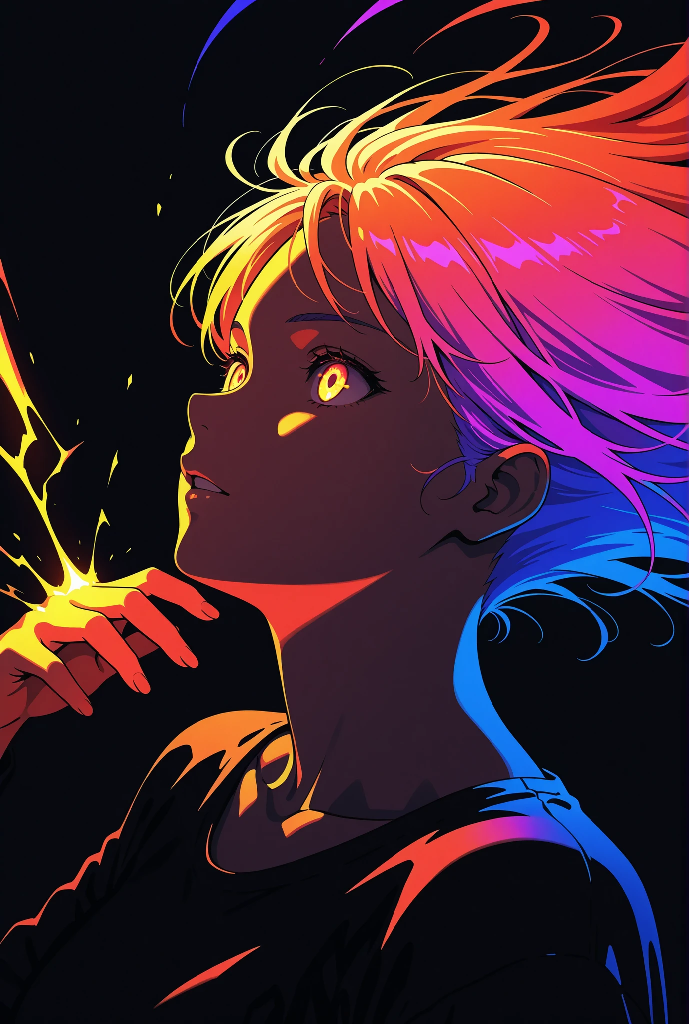 1girl,limited palette,black background,colorful,vibrant,glowing outline,neon,blacklight,any pose, dynamic, actions, powering up,angle from side,portrait