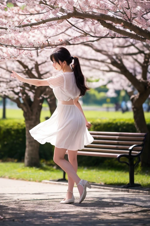 masterpiece,,1 girl,normal finger,Wearing a white dress,dance,whole body,Under the cherry blossom tree,The ground is covered with apricot flower petals,Apricot blossom petals floating in the air,depth of field,backlight,Light particles vibrate,Light effect,8K