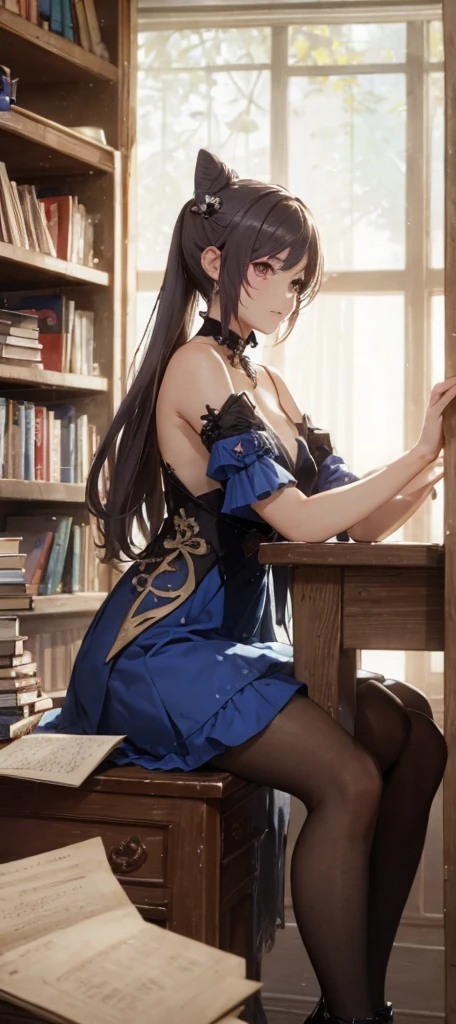 （（（masterpiece、Highest image quality、highest quality、highly detailed unity 8ｋwallpaper）））、（（Illustration of one girl、upper body））、（（（beautiful girl）））、（librarian）、blue hair、（stocky build, thickset physique：1.3, broad shoulders, solid chest）、big breasts、librarian服、grand library