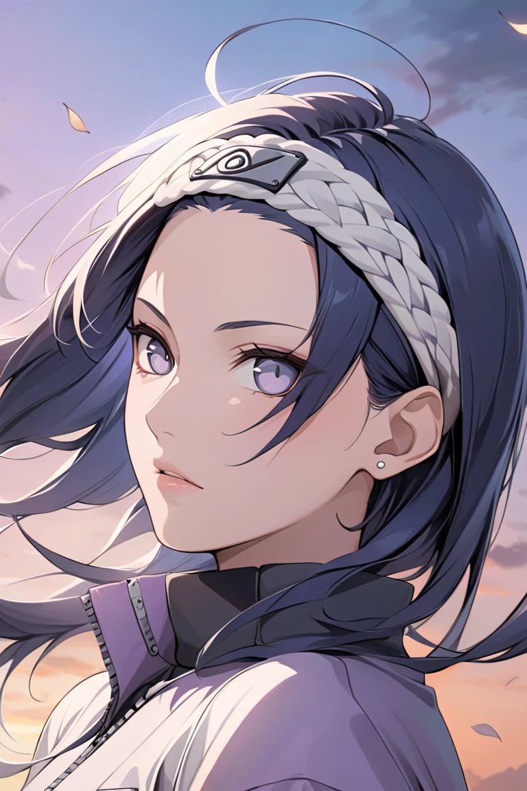 ((masterpiece)), ((RAW 8K)), ((anime-real fusion)), ((extreme photorealism)), ((studio-grade lighting)), ((hyper-detailed skin texture)), ((warm natural tones)), Hinata Hyuga from Naruto Shippuden, full waist-up portrait, composed and graceful expression, pale lavender-white Byakugan eyes, long midnight-blue hair flowing naturally down past her shoulders. Wearing her signature lavender and cream ninja jacket with mesh underlayer, black pants and waistband partially visible. Hidden Leaf headband worn neatly around her neck like a choker. Soft chakra glow in her palms.

Background: Konoha garden or training field at sunset, falling leaves in the breeze, warm and peaceful atmosphere reflecting inner power.

