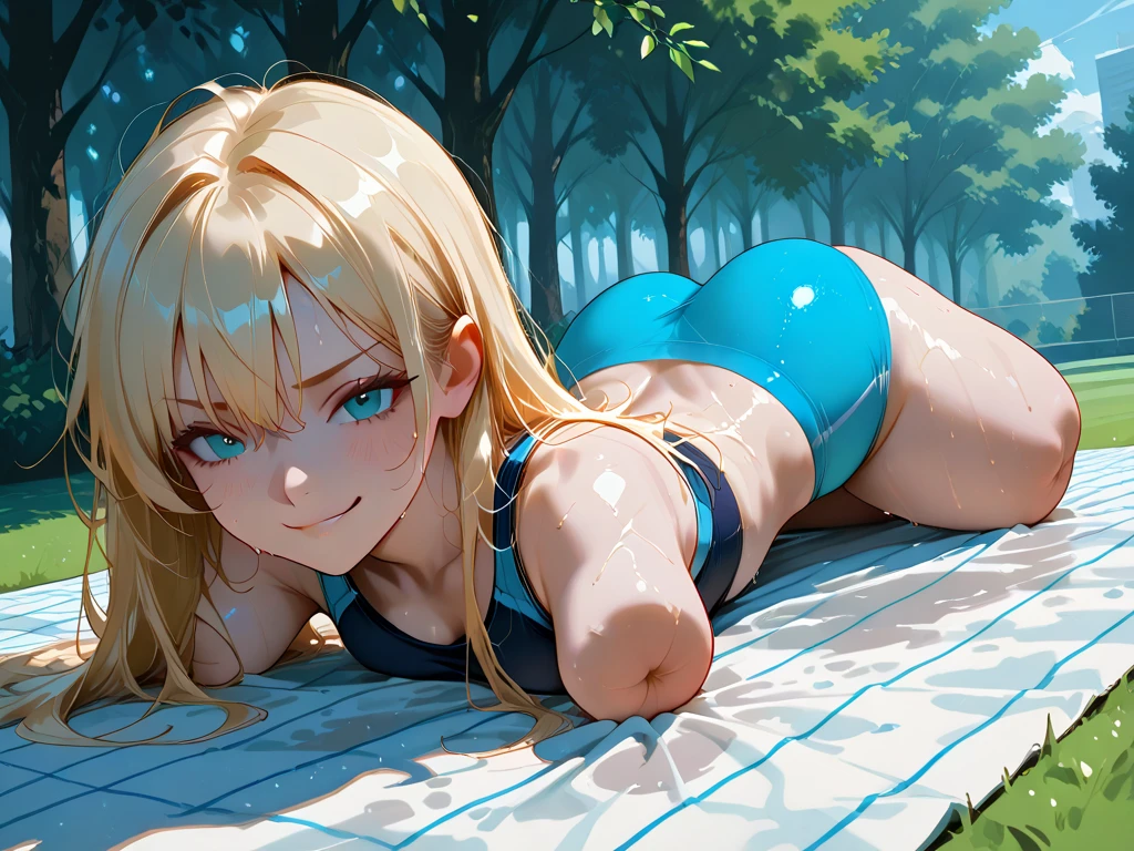 masterpiece, best quality, highly detailed, ultra high res, ayase arisa, 1girl, solo, blue eyes, hair ornament, blonde hair, long hair, blush, glossy lips, cheerleader, midriff, cleavage, grass, sitting, (knees bent:1.2)