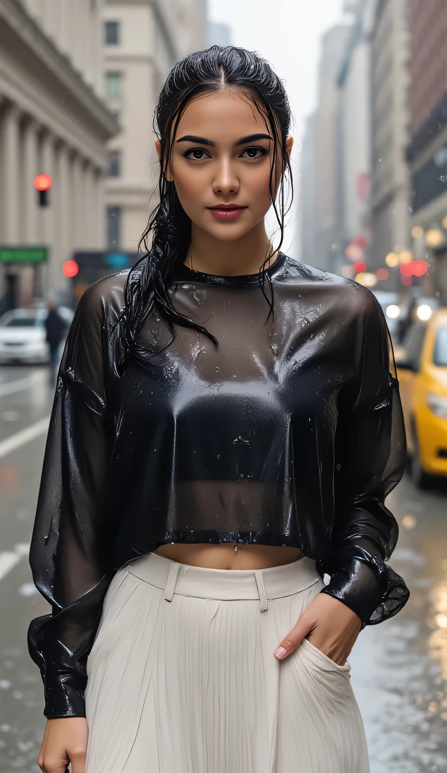 a beautiful woman, standing in the middle of the city in the rain, shirt looks full body, body facing the camera, transparent black long sleeve tight t-shirt, long skirt white leggings, tubuh basah, wet hair ponytail, tubuh sexy, bibir merah, seductive face