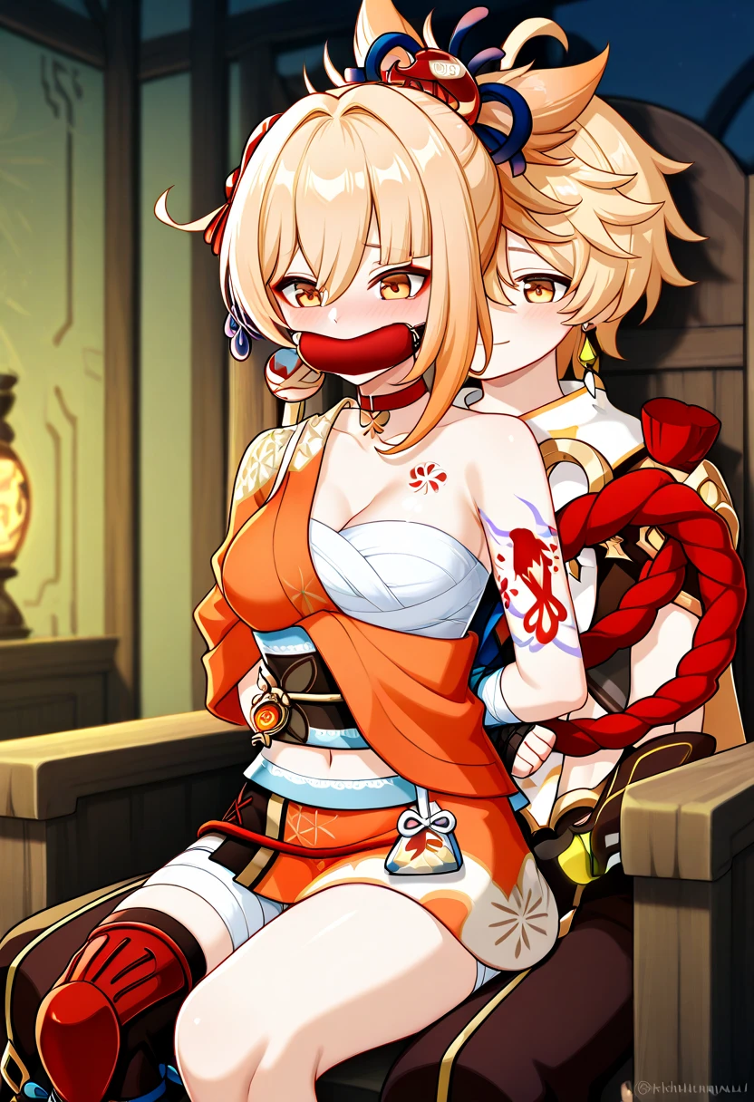 ((masterpiece, best quality)),high resolution,ultra detailed,8k,16k,detailed background, perfect lighting,detailed beautiful eyes,1girl,solo,nsfw,embarrassed,blush,saliva trail,((from above,steam,sweat,tear,from front)),fisheye lens,(ahegao,orgasm_smile,rolling eyes,ahg,trembling,squirting,shibari,japanese bondage,arms up,lying,on back
:1.4),clitoris,pussy juice,in heat,chin up,stick tongue out,(nude,fuge cum in vagina:1.4),half-closed eyes
,slender,pale skin,medium breast,yoimiyadef
yoimiyarnd,blond hair,orange eyes,ponytail,hair ornament,(anime style,colorful),japan style town