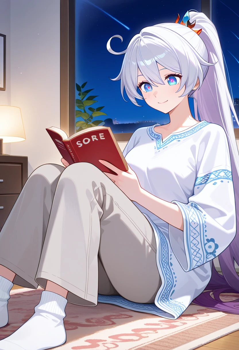 core_9 , score_8_up , Score_7_up , Best quality , Very autistic , 1 girl , solo , girl , Muslim, Kiana, Kiana Kaslana , white hair , very long hair , purple hair , ponytail , blue eyes , star-shaped pupils , symbol-shaped pupil, perfect face , perfect eyes , clear eyes , beautiful eyes , blue eyes , focus eyes, clean eyes with detail, uplight, Feminine, Smile, Nighttime, living room, Rug, sitting, sitting at Rug, She wear a long white cotton tunic with soft embroidery along the sleeves, Grey wide legged Pants, Thick white Socks, Holding a book with both hands, Reading a Book.