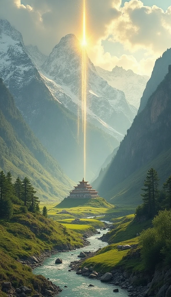 A mystical valley nestled in the snow-capped peaks of the Himalayas, bathed in soft golden light. Lush green meadows, pristine lakes, and peaceful rivers flow through the land, while majestic temples made of jade and crystal rise in the background. The scene is calm, untouched by time, radiating an aura of divine serenity and ancient wisdom. Ethereal light beams pour down from the heavens, illuminating the land’s hidden beauty, symbolizing the peacefulness of Shambhala.