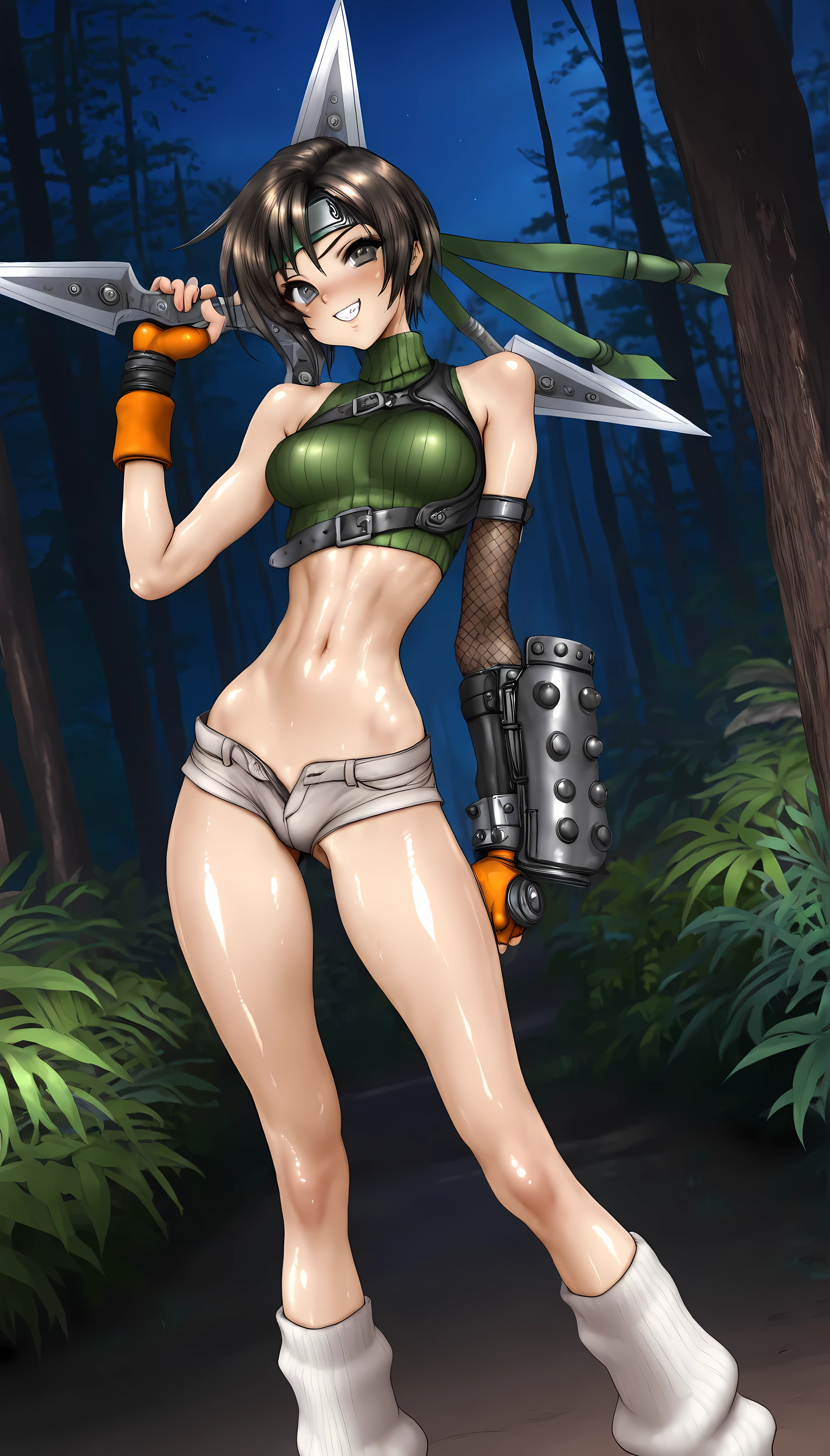 (masterpiece,best quality:1.2,amazing quality,very aesthetic,absurdres,newest), Shirow Masamune style, Yuffie Kisaragi,final fantasy 7,1woman,(very small head:1.2),(ideal ratio body proportions:1.2),(slender body:1.2,skinny:1.2),medium breasts,oily skin,brown short hair,a headband,grin,sweat,a green turtleneck,sleeveless,gauntlet,midriff,microshorts,(holding a big shuriken), a loose socks,a orange sneaker, shiny skin,standing,Forest,night,dynamic angle,