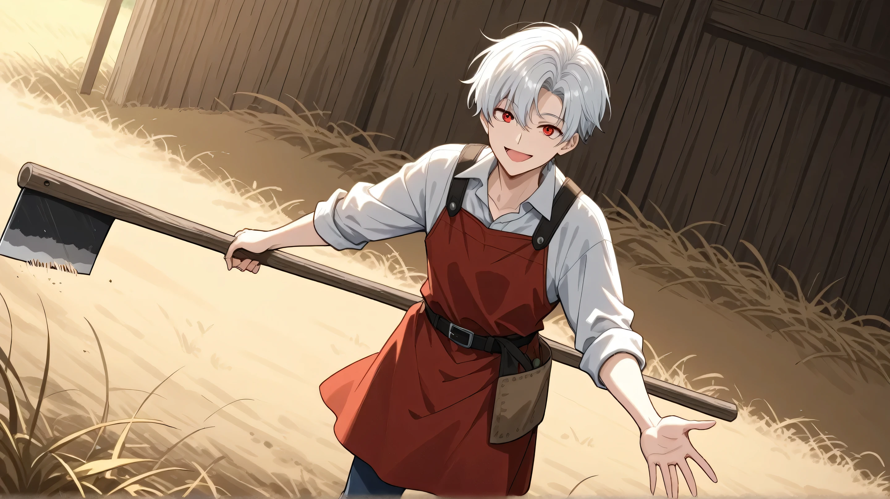 men white short hair,red eyes, farmer's clothes happy face have hoe