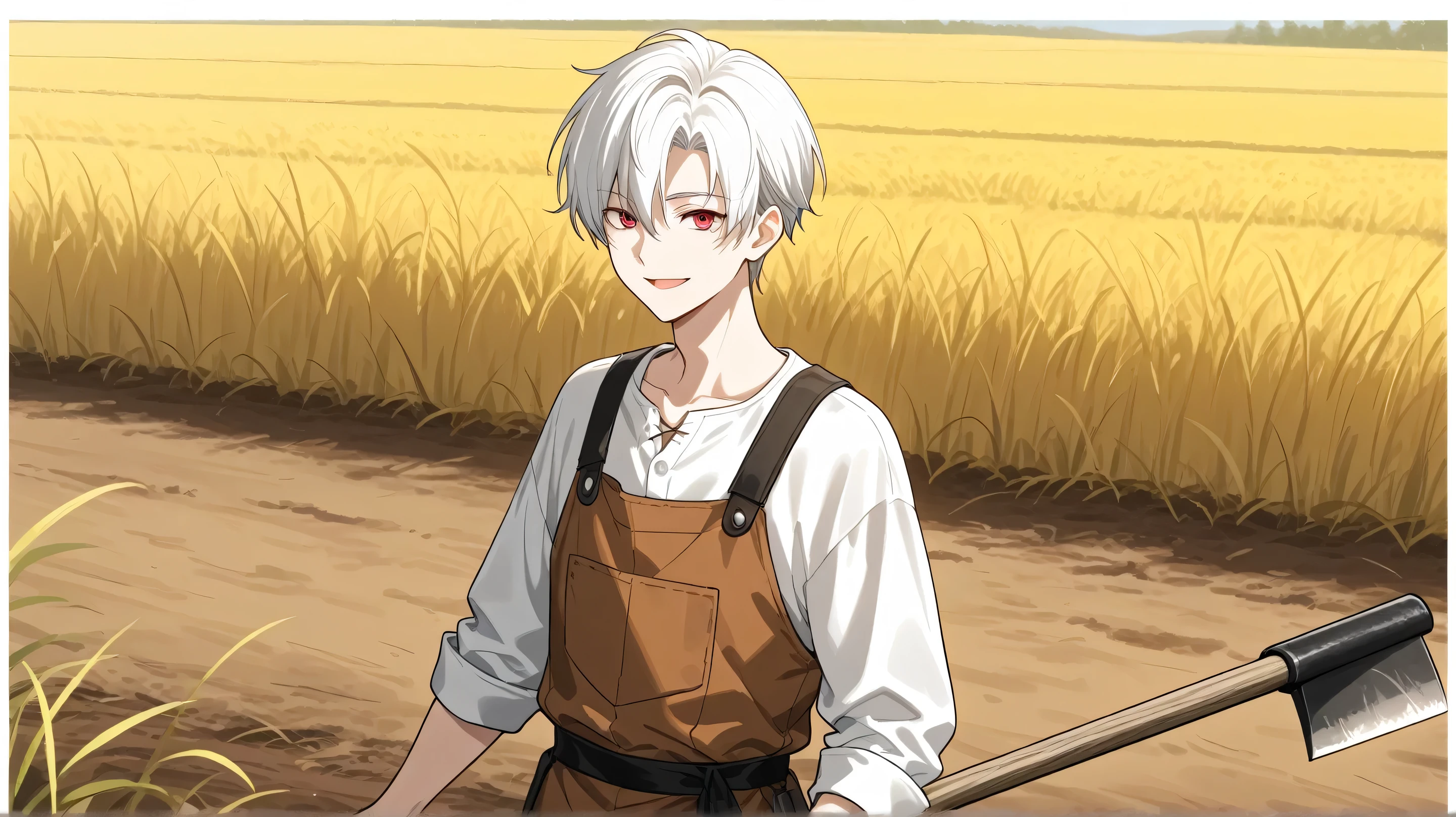 men white short hair,red eyes, farmer's clothes happy face have hoe