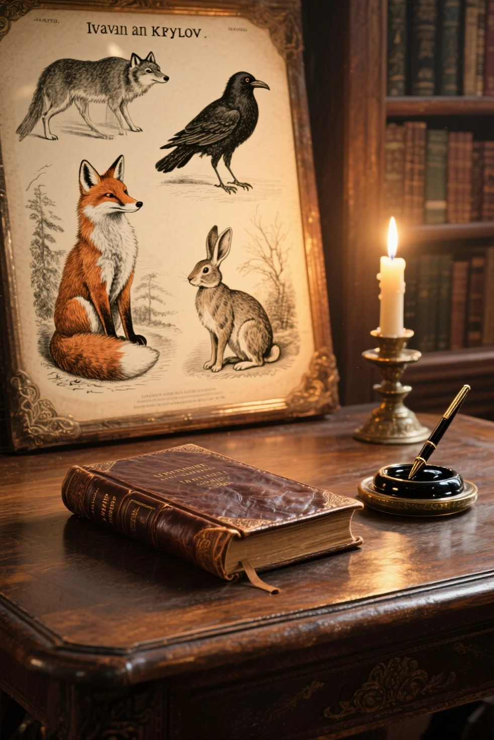 Illustration for Ivan Krylov's collection of fables. An old leather-bound book on a wooden table, next to an inkwell with a pen. vintage style, 19th-century engravings of animals with a fox in the background, crow, wolf, a hare. The atmosphere of the old library, warm candlelight .