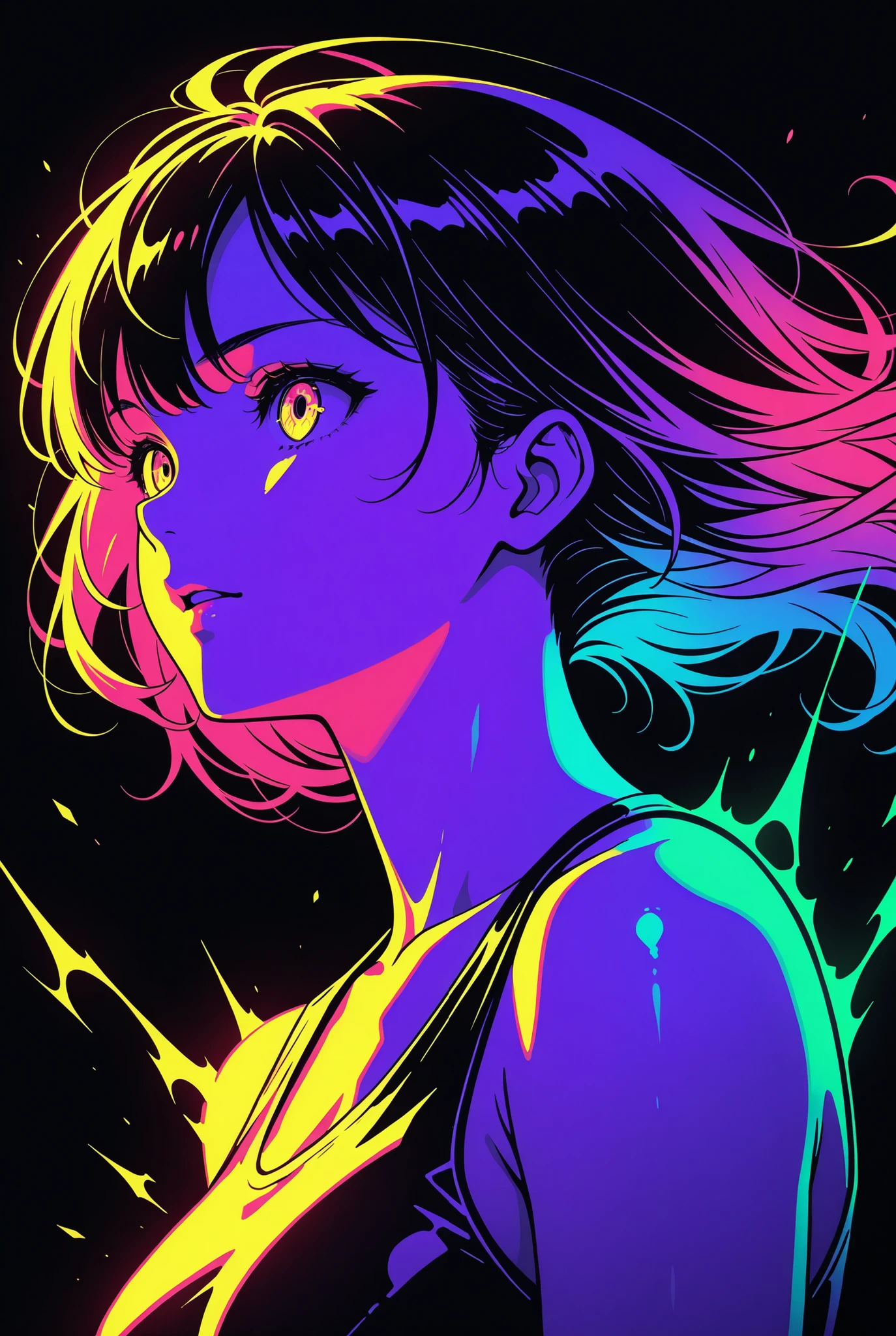1girl,limited palette,(black background,colorful,vibrant,glowing outline,neon,blacklight),any pose, dynamic, actions, powering up,angle from side,portrait