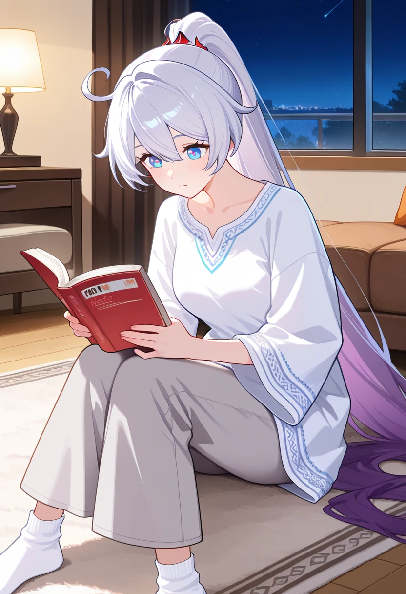 core_9 , score_8_up , Score_7_up , Best quality , Very autistic , 1 girl , solo , girl , Muslim, Kiana, Kiana Kaslana , white hair , very long hair , purple hair , ponytail , blue eyes , star-shaped pupils , symbol-shaped pupil, perfect face , perfect eyes , clear eyes , beautiful eyes , blue eyes , focus eyes, clean eyes with detail, uplight, Feminine, Smile, Nighttime, living room, Rug, sitting, sitting at Rug, She wear a long white cotton tunic with soft embroidery along the sleeves, Grey wide legged Pants, Thick white Socks, Holding a book with both hands, Reading a Book.