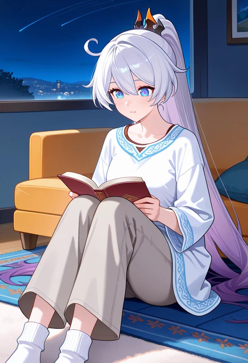 core_9 , score_8_up , Score_7_up , Best quality , Very autistic , 1 girl , solo , girl , Muslim, Kiana, Kiana Kaslana , white hair , very long hair , purple hair , ponytail , blue eyes , star-shaped pupils , symbol-shaped pupil, perfect face , perfect eyes , clear eyes , beautiful eyes , blue eyes , focus eyes, clean eyes with detail, uplight, Feminine, Smile, Nighttime, living room, Rug, sitting, sitting at Rug, She wear a long white cotton tunic with soft embroidery along the sleeves, Grey wide legged Pants, Thick white Socks, Holding a book with both hands, Reading a Book.