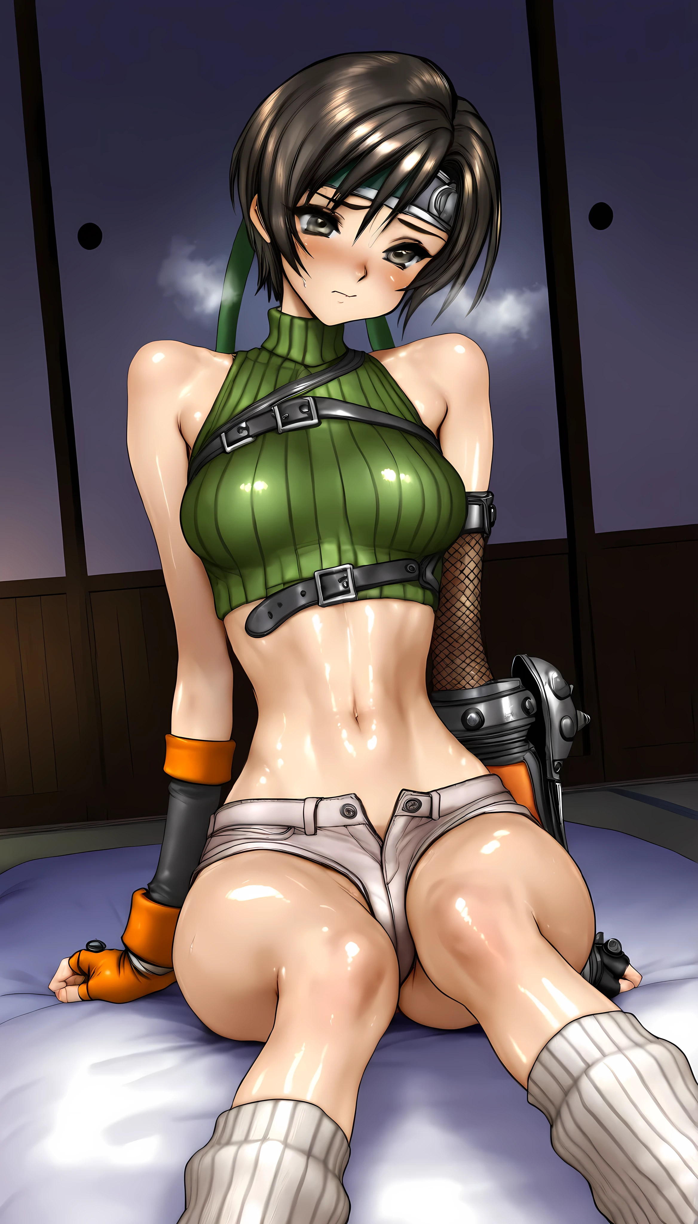 (masterpiece,best quality:1.2,amazing quality,very aesthetic,absurdres,newest), Shirow Masamune style, Yuffie Kisaragi,final fantasy 7,1woman,solo,(very small head:1.2),(ideal ratio body proportions:1.2),(slender body:1.2,skinny:1.2),medium breasts,oily skin,brown short hair,a headband,shy,breath,sweat,a green turtleneck,sleeveless,gauntlet,midriff,microshorts, a loose socks,sitting,shiny skin,white futon,Japanese room,dark room,night,dynamic angle,