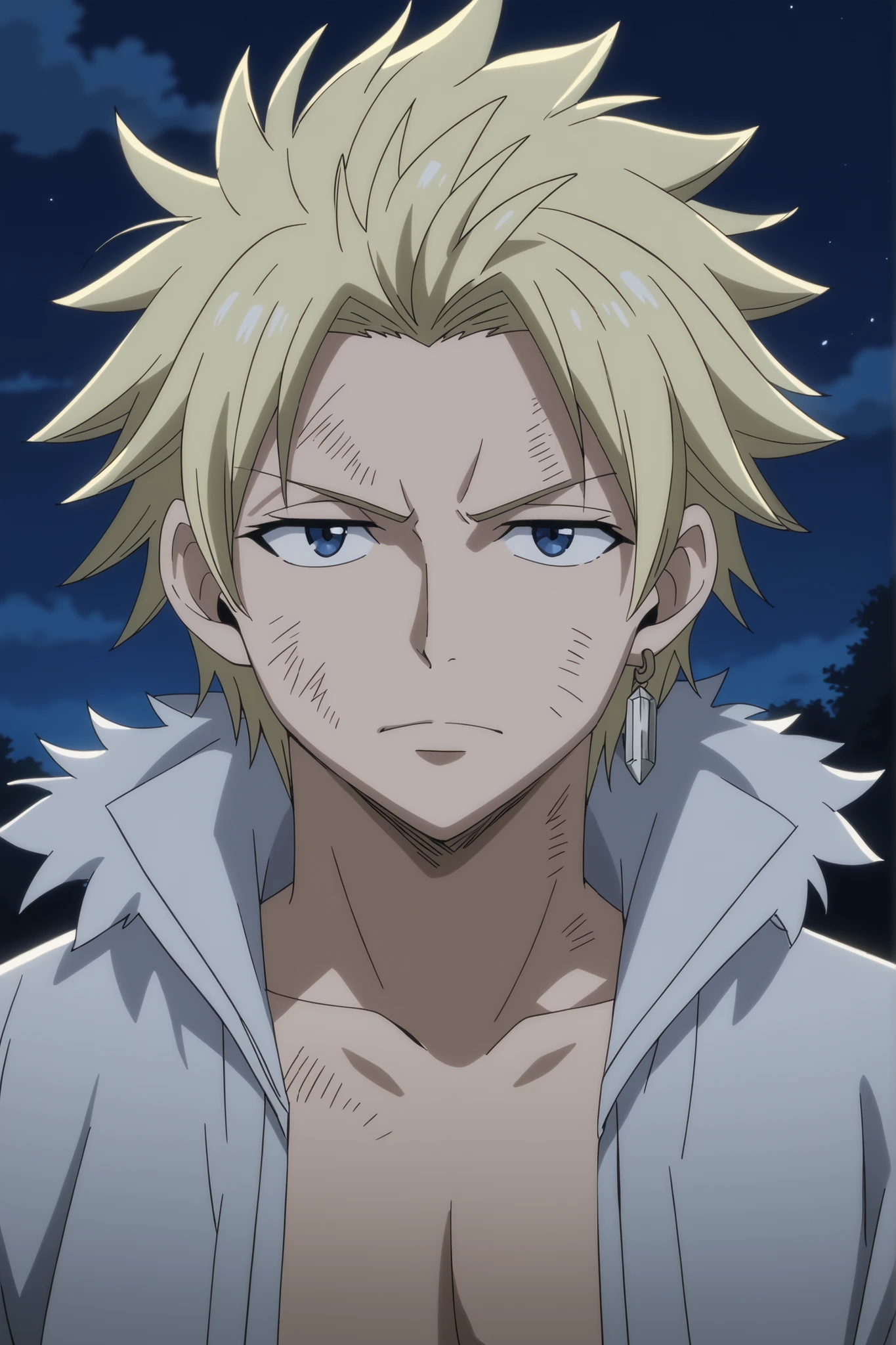 StingFT, looking at viewer, (((messy fringe, soft bangs falling over forehead, hair down))) sting eucliffe-1male focus, blonde_sting eucliffe_hair, brown_sting eucliffe_single scar, blue_sting eucliffe_eyes, light yellow_sting eucliffe_single earring, male focus, anime screencap, cozy indoor lighting, official style, blue eyes