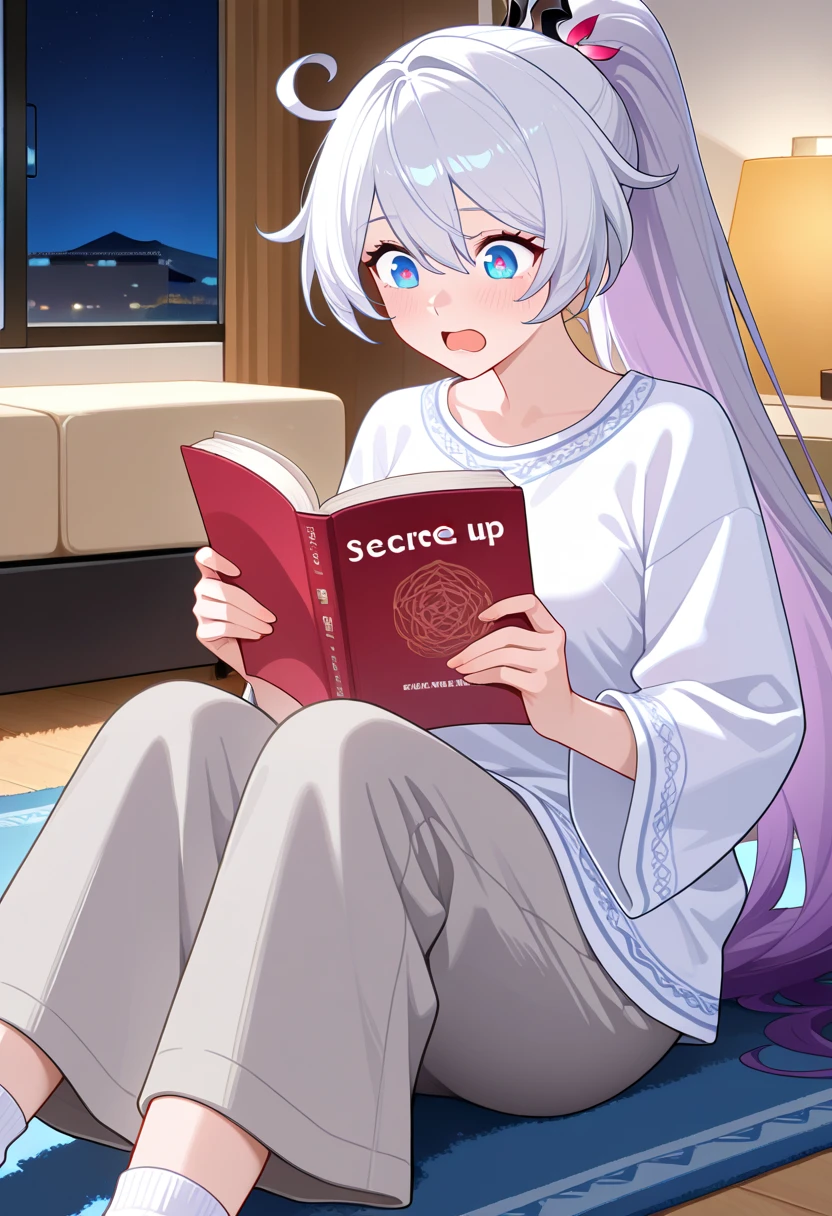 core_9 , score_8_up , Score_7_up , Best quality , Very autistic , 1 girl , solo , girl , Muslim, Kiana, Kiana Kaslana , white hair , very long hair , purple hair , ponytail , blue eyes , star-shaped pupils , symbol-shaped pupil, perfect face , perfect eyes , clear eyes , beautiful eyes , blue eyes , focus eyes, clean eyes with detail, uplight, Feminine, Smile, Nighttime, living room, Rug, sitting, sitting at Rug, She wear a long white cotton tunic with soft embroidery along the sleeves, Grey wide legged Pants, Thick white Socks, Holding a book with both hands, Reading a Book.