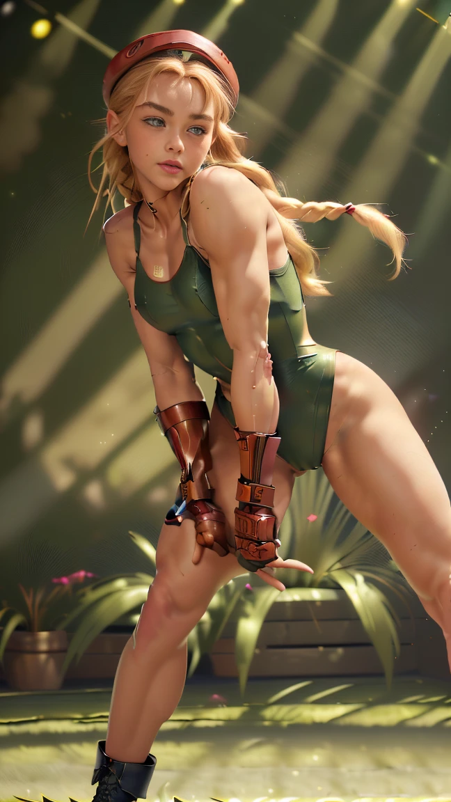 Best Quality, Masterpiece, Ultra High Resolution, rembrandt Lighting, night time, background dark, cammy street fighter, attractive, long blonde braided hair, sexy singlet vibrant green outfit, wearing red combat gloves, combat boots, seductive, extra curves, wet skin, petite breasts, white skin, dynamic combat pose, big thighs, slim waist, shy, 18+, Nsfw, scantily clad, gigantic breasts, ripped, revealing outfit, camel toe, flawless masterpiece kawaii, perfect body, perfect face, perfect hands, perfect fingers, sexy pose, PERFECT ANATOMY