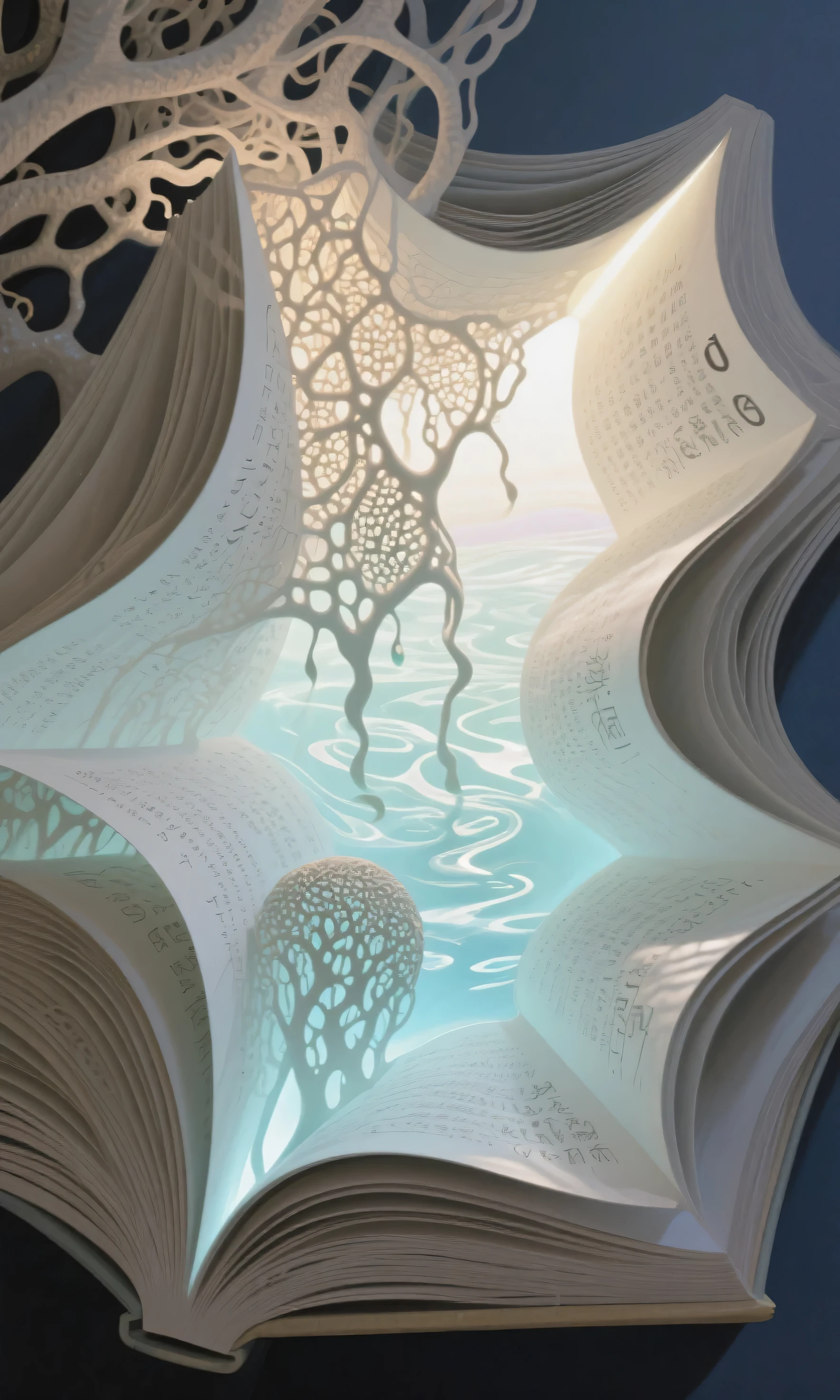 Bibliomorphic Topology, Liquid Knowledge, Optical Whisper, Subsurface Illumination, Memory Mycelium, Silent Glyph,  Tactile Paper, by James Jean + 东山魁夷 + Olafur Eliasson  
