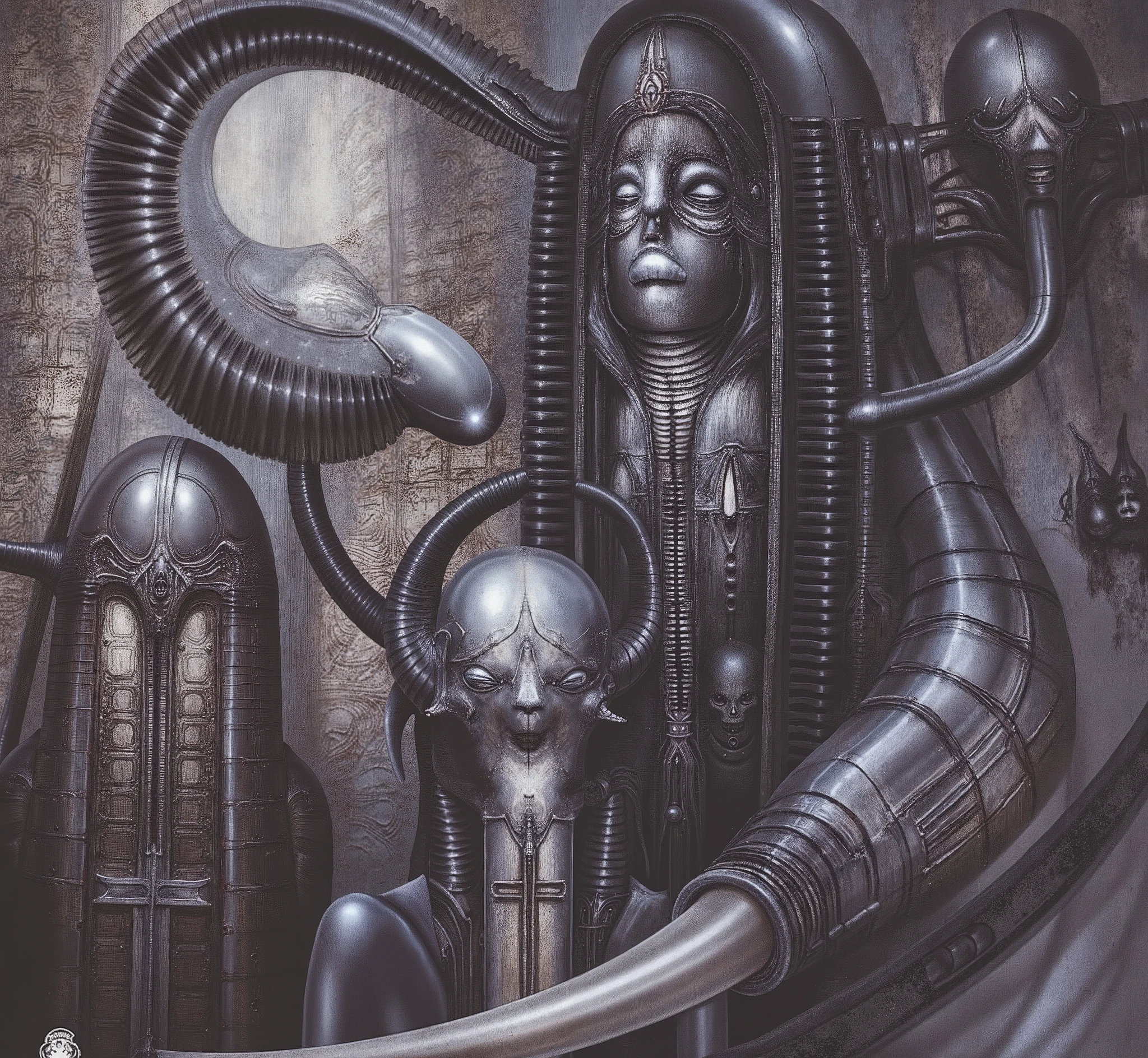 A bright and clear, biomechanical landscape filled with interwoven, elongated, organic and metallic forms, inspired by the surreal and nightmarish style of H.R. Giger. The scene is densely packed with tubular, serpentine structures that resemble a fusion of alien exoskeletons, spinal columns, and industrial machinery. The color palette is dominated by shades of black, steel gray, and oily silver, giving a cold, eerie, and otherworldly atmosphere. The composition is complex and chaotic, with no clear background or horizon, creating a claustrophobic feeling of entrapment. The biomechanical elements are intricately detailed, with ribbed textures, cables, jointed limbs, and semi-organic surface patterns. Some of the forms subtly resemble alien skulls or embryonic figures, embedded within the flowing structure, adding an unsettling and surreal biological dimension. The lighting is low and dramatic, casting shadows that enhance the sculptural depth and gothic horror aesthetic.
The light interaction with these specific textures is crucial. Ensure anisotropic highlights on conduits and sharp glints on circuitry patterns.
Overall Style - Monochromatic or heavily desaturated cool palette (grays, blacks, muted cyans). High detail, photorealistic rendering of unreal structures. Style - H.R. Giger, biomechanical, dark industrial, complex machinery, high contrast.,Traditional Artwork,gigerart,#gigerjunji,#giger,biomechanical style,hrggr,style of H. R. Giger,Ink_drawing