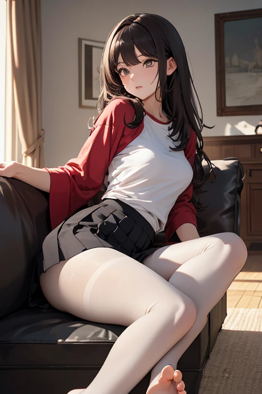 girl in sweatshirt, shorts, view from the floor, (long stockings or pantyhose), (upskirt), medium breasts, legs open, counter-pointed shot, ((very detailed)), (perfectly detailed face), (detailed hand), photorealistic image.