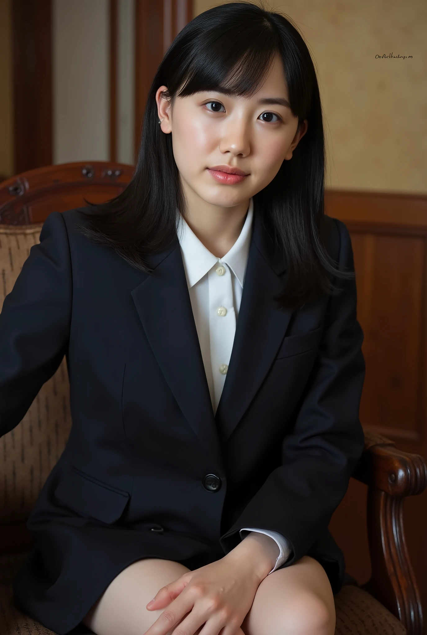 as realistic as the picture、high image quality, 8k, very detailed, Dramatic light and dark , dramatic shadow , Wide color gamut , masterpiece, complicated details, super real 、 、 Lower Body Only、Women's suit skirt、sit on a chair and open your legs、underwear is visible、Sit on a chair and open your legs in a suit