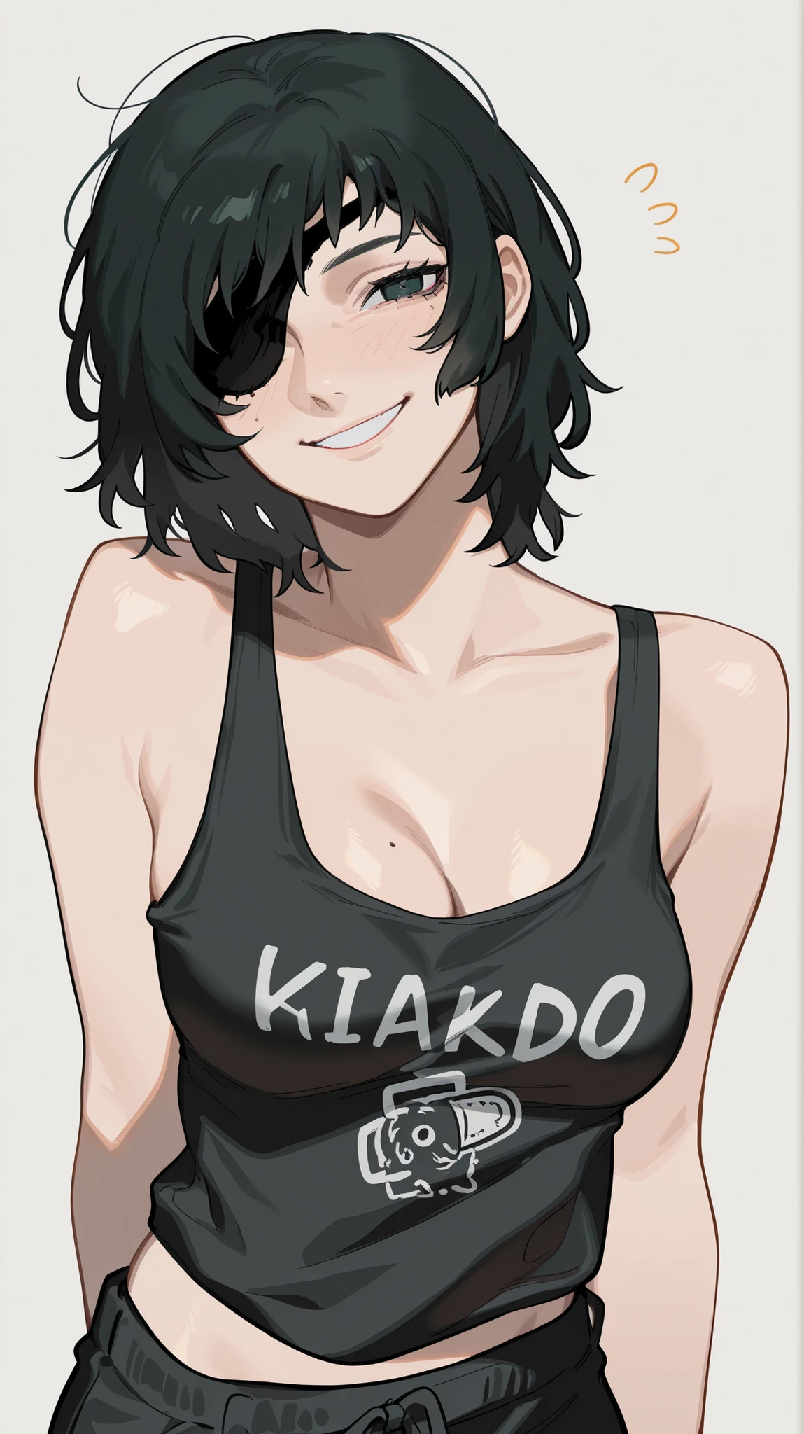 masterpiece, best quality, amazing quality, newest, very aesthetic, 1girl, himeno \(chainsaw man\),smile,looking at the viewer,tanktop,short,arms behinde hair,blushing