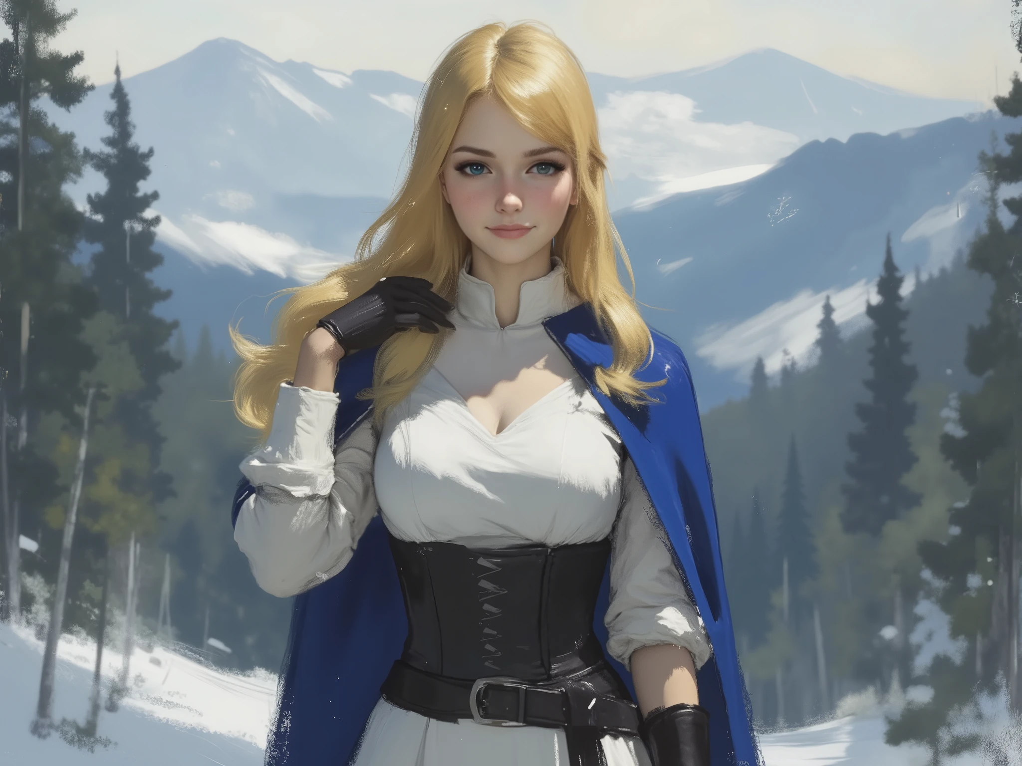 A very beautiful 22 year old a lady paladin warrior, beautifully detailed eyes, (((DeepSkyBlue eyes: 1.5))), (beautiful and detailed candy pink lips, thin lips, slight shy smile), (((long Spanish yellow hair))), shiny hair, ((full body view, dynamic pose, standing: 1.5, one hand on hair, one hand on hips: 1.5)), (graceful pose), (((white long-sleeved paladin shirt, white skirt, corset, blue bolt cape, black belt, black paladin gloves))), (((Masterpiece, high quality, UHD, 8k, 16k))), sharp focus, no blur, film grain, dynamic angle, wide angle, panoramic, stunning image, epic landscape, soft lighting, cinematic lighting, top quality, (Best Quality), vibrant, colorful. Winter forest background, 1mountain in the background, blurred background, (depth of field), bokeh.