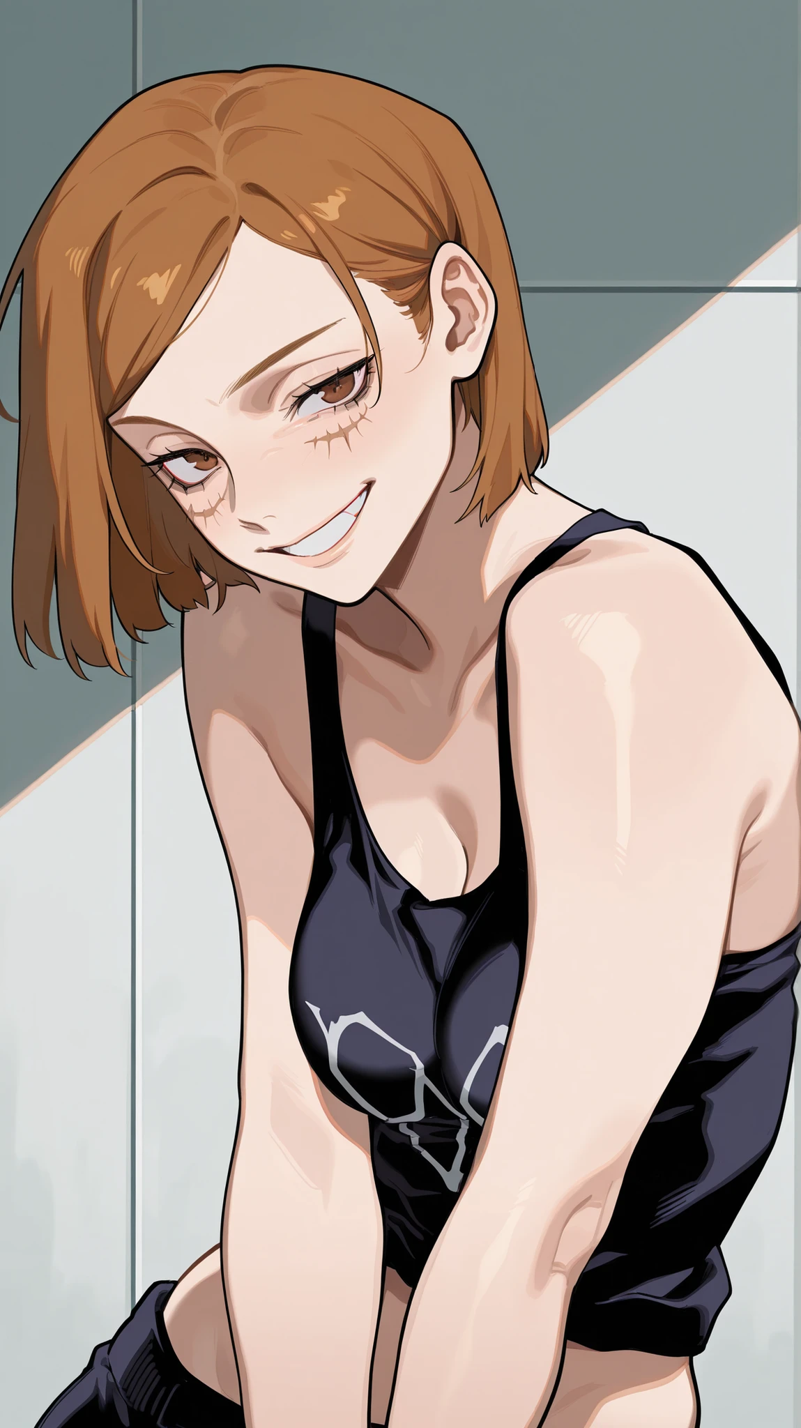 masterpiece, best quality, amazing quality, newest, very aesthetic, 1girl, Nobara Kugisaki \(jujutsu kaisen\),smile,looking at the viewer,tanktop,short,