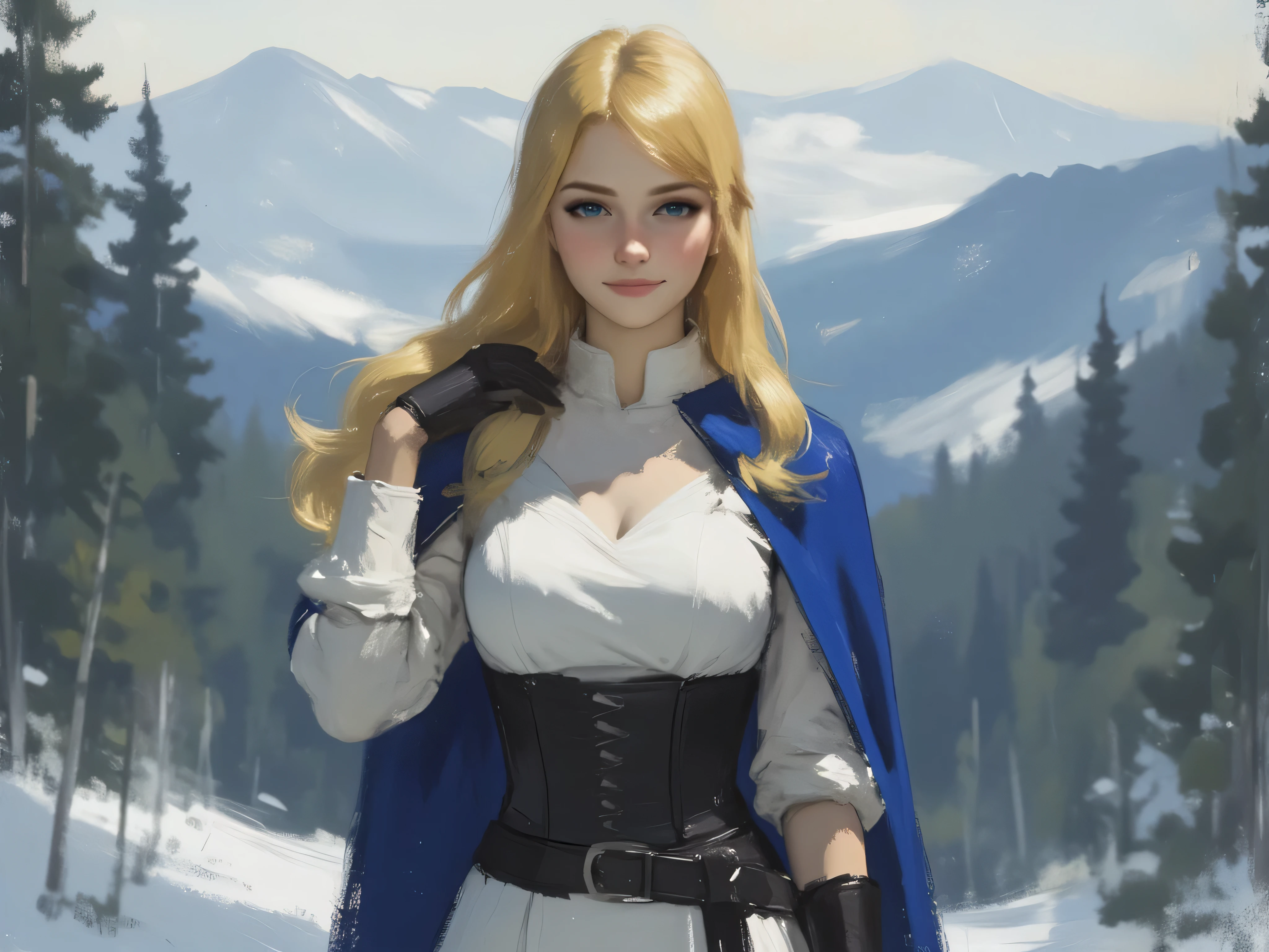 A very beautiful 22 year old a lady paladin warrior, beautifully detailed eyes, (((DeepSkyBlue eyes: 1.5))), (beautiful and detailed candy pink lips, thin lips, slight shy smile), (((long Spanish yellow hair))), shiny hair, ((full body view, dynamic pose, standing: 1.5, one hand on hair, one hand on hips: 1.5)), (graceful pose), (((white long-sleeved paladin shirt, white skirt, corset, blue bolt cape, black belt, black paladin gloves))), (((Masterpiece, high quality, UHD, 8k, 16k))), sharp focus, no blur, film grain, dynamic angle, wide angle, panoramic, stunning image, epic landscape, soft lighting, cinematic lighting, top quality, (Best Quality), vibrant, colorful. Winter forest background, 1mountain in the background, blurred background, (depth of field), bokeh.