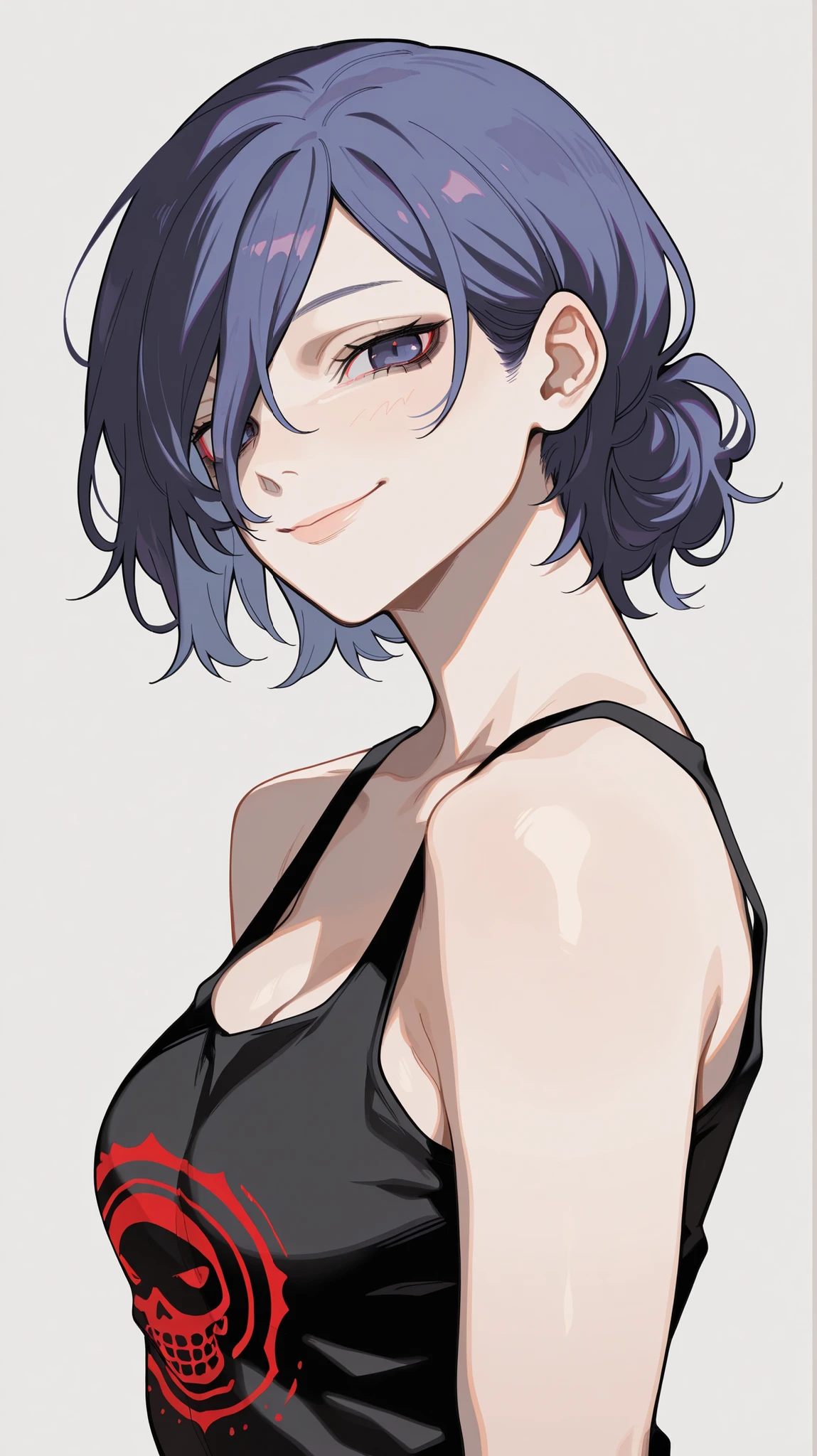masterpiece, best quality, amazing quality, newest, very aesthetic, 1girl, Kirishima Touka \(tokyo ghoul\),smile,looking at the viewer,tanktop,short,