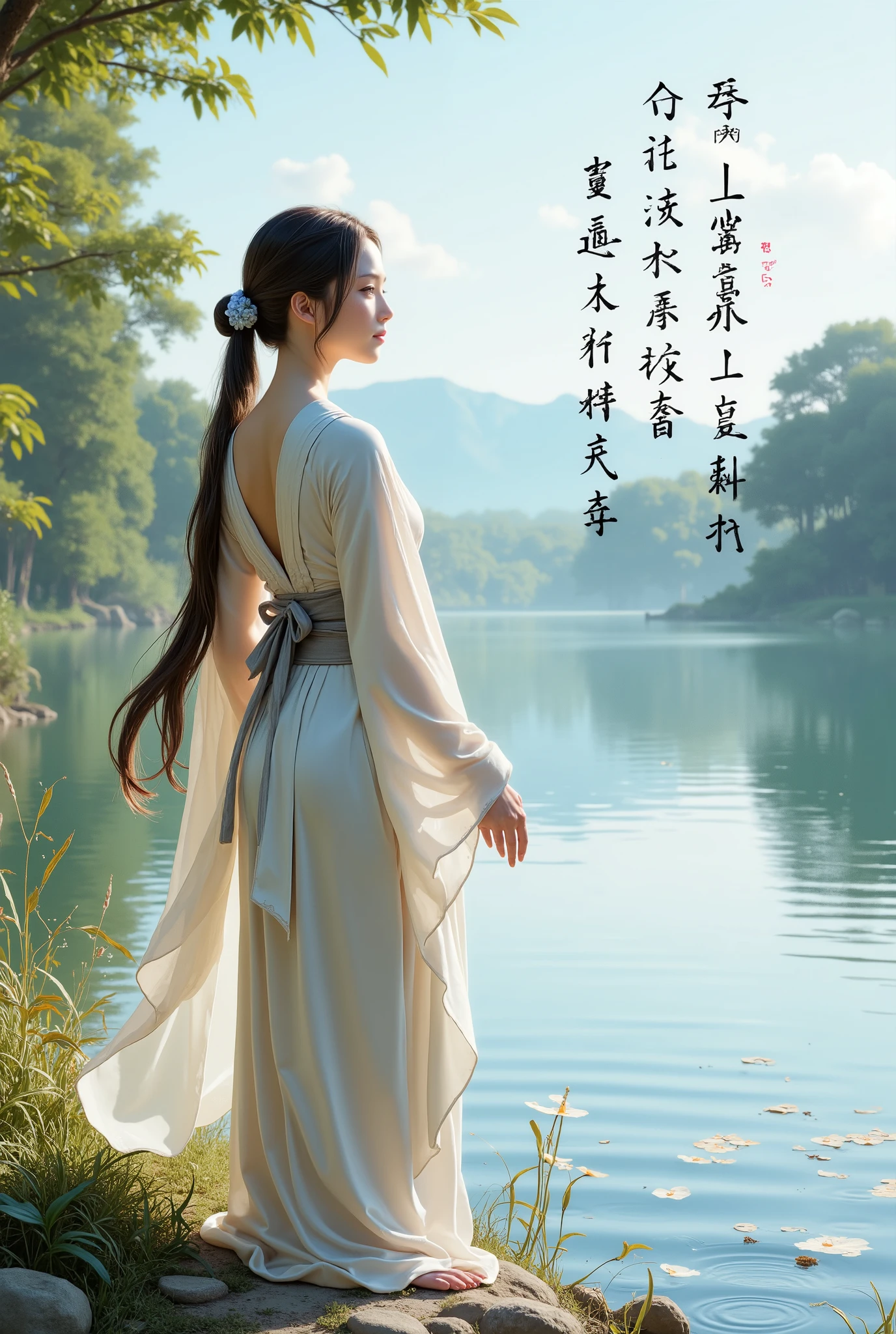 Creating Realistic Beauty Female At lake With Japanese Poetry written On sky